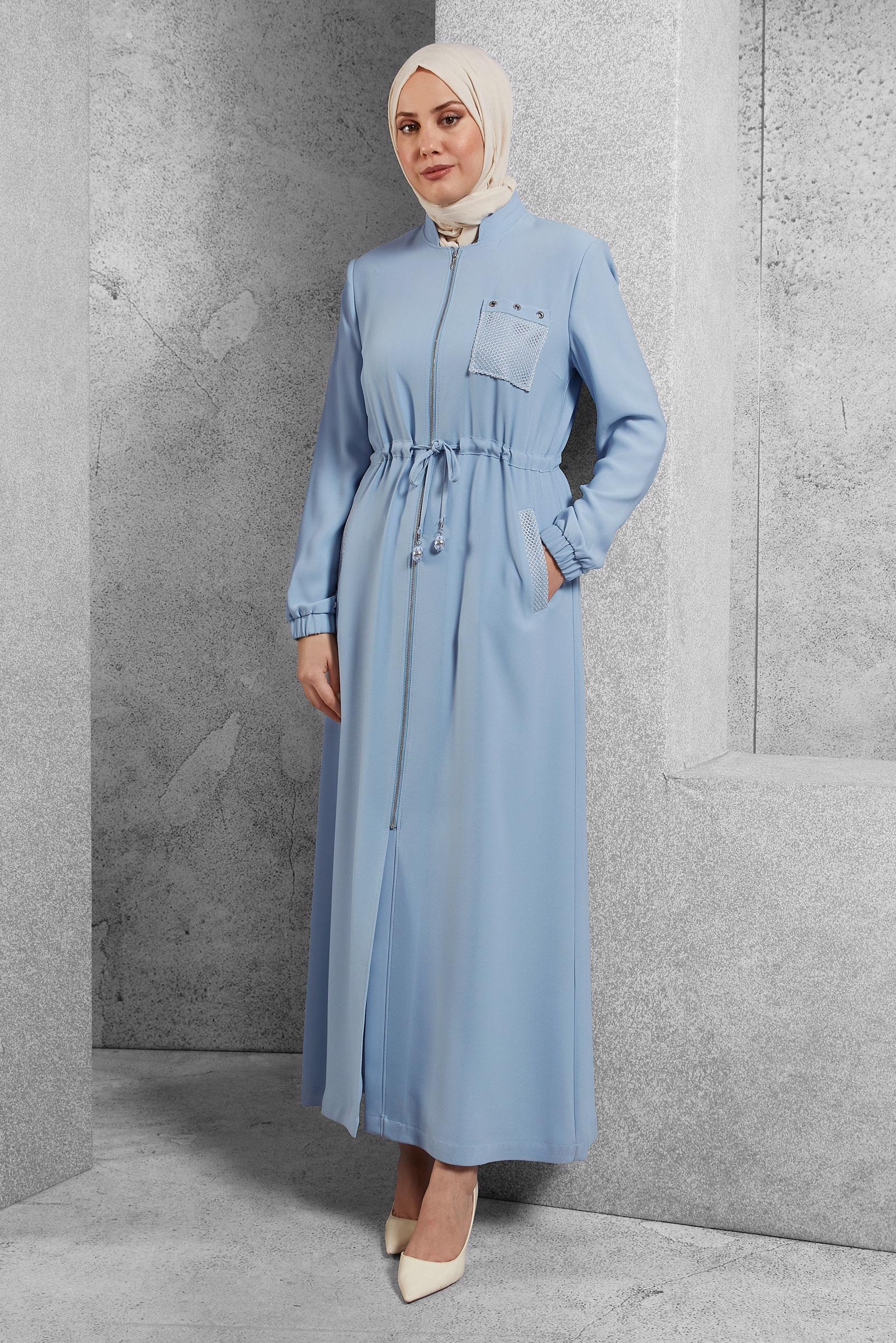 Vêtements hijab BLEU PARDESSU TAILLE-BOULLIONNÉE AVEC FERMETURE 10161