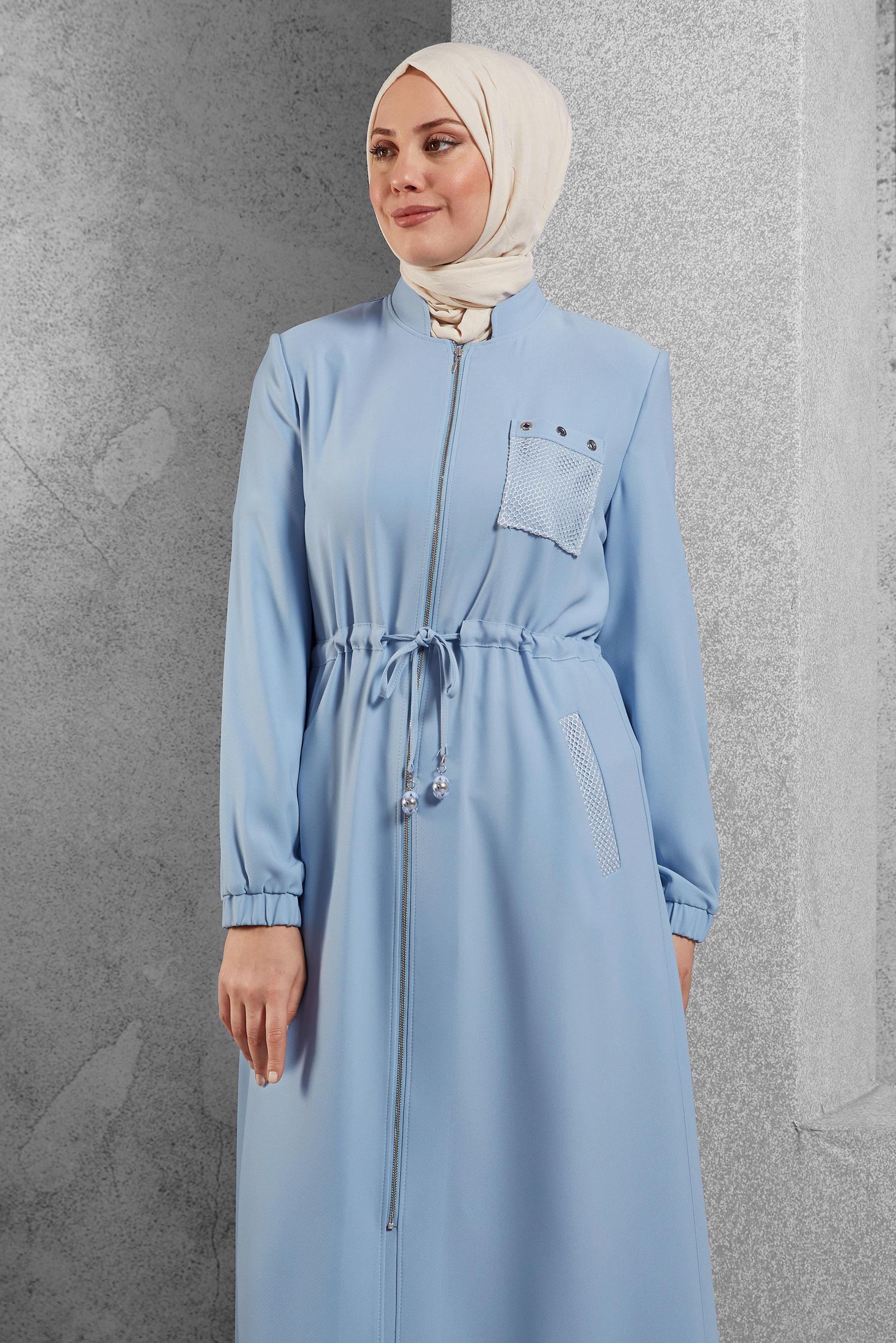 Vêtements hijab BLEU PARDESSU TAILLE-BOULLIONNÉE AVEC FERMETURE 10161