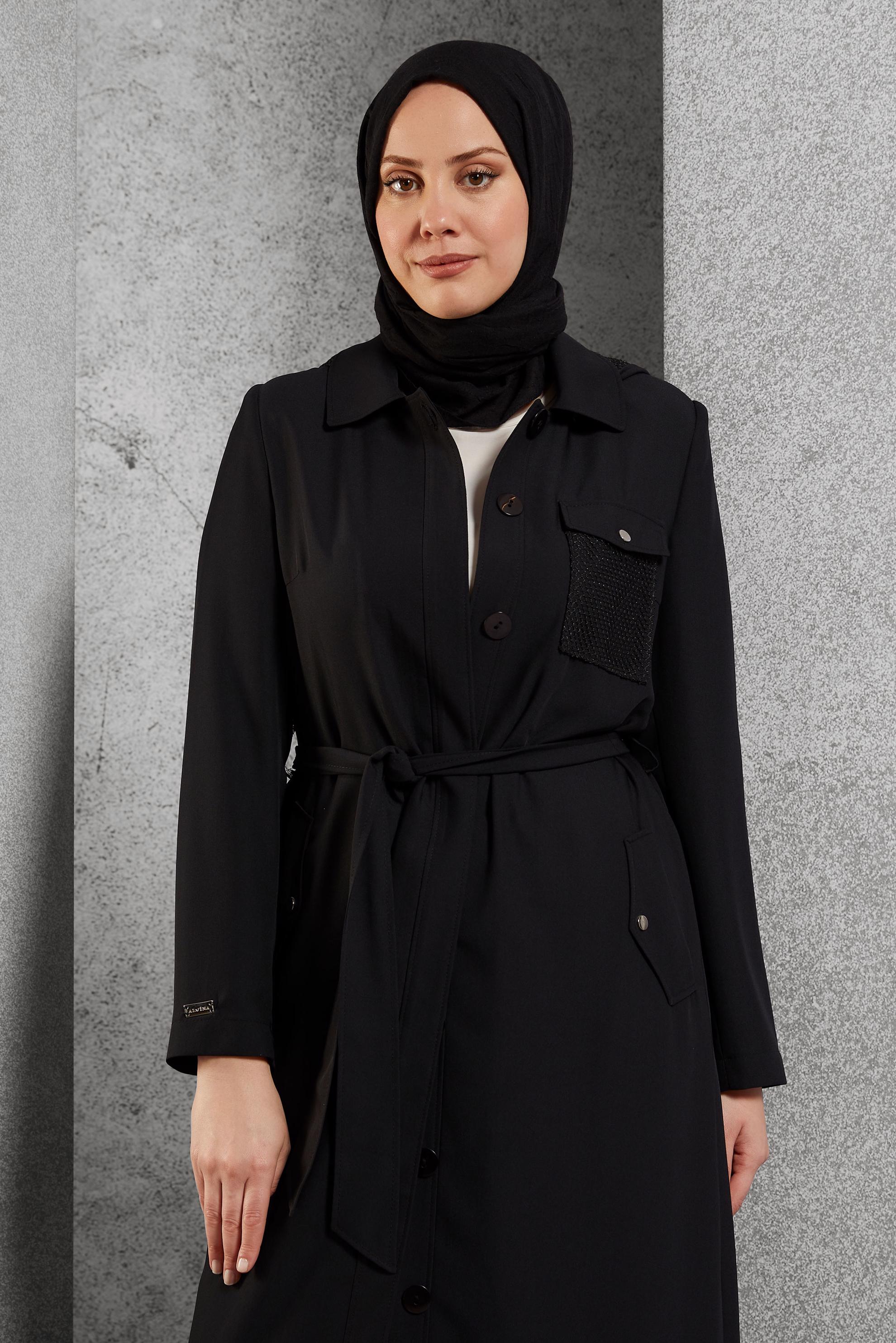 Tesettür giyim SİYAH FİLE DETAYLI DÜĞMELİ PARDESÜ 10162