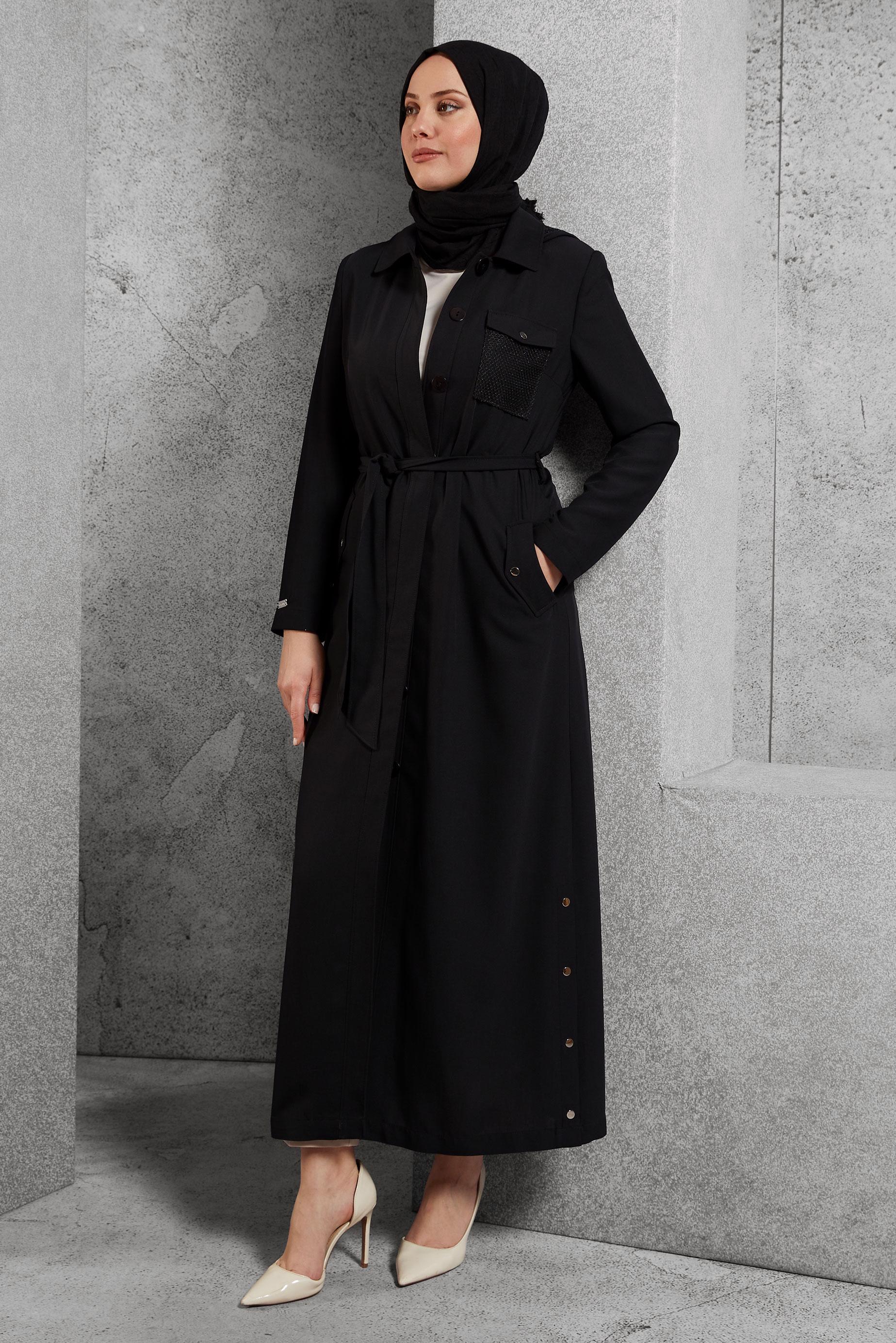 Tesettür giyim SİYAH FİLE DETAYLI DÜĞMELİ PARDESÜ 10162