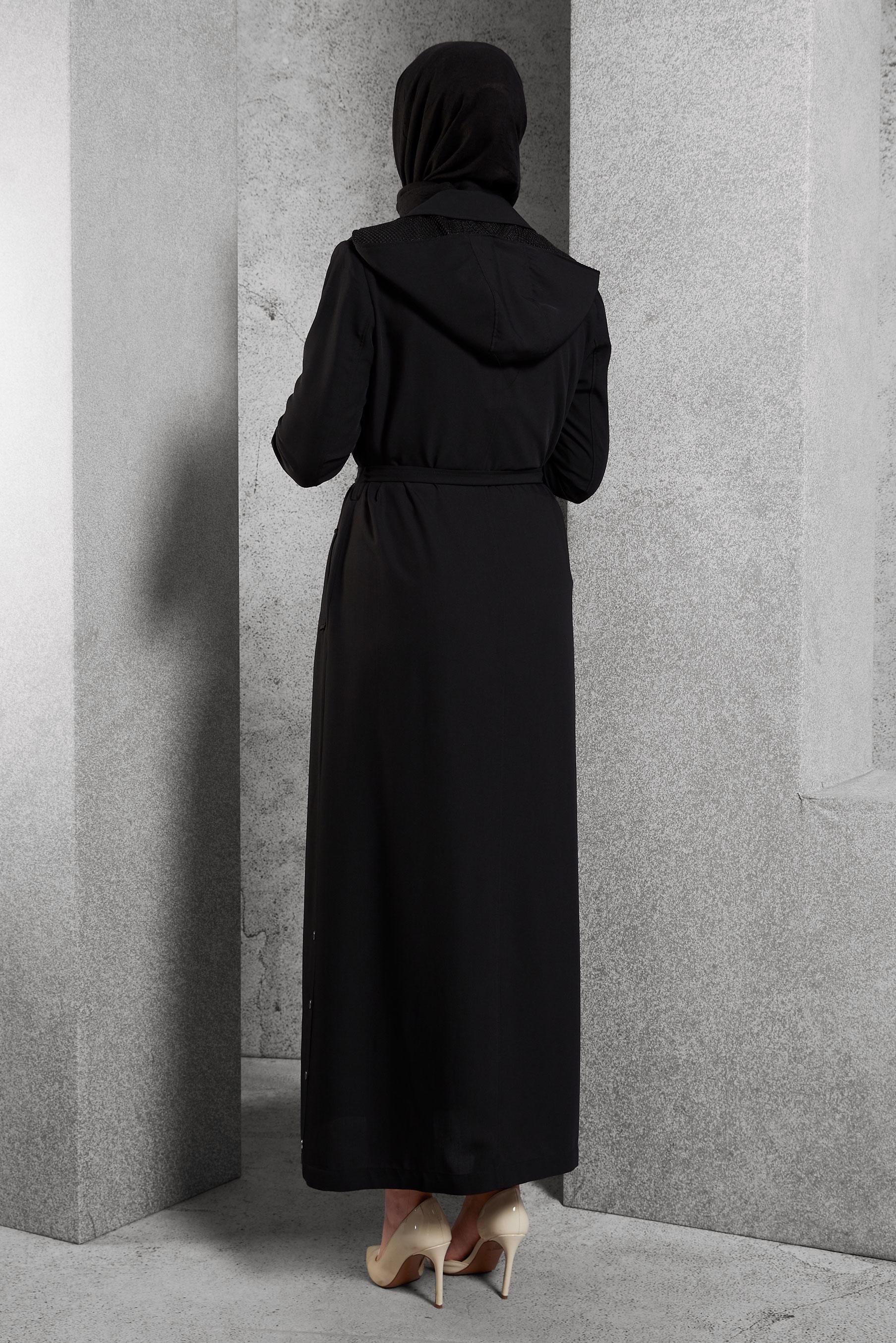 Tesettür giyim SİYAH FİLE DETAYLI DÜĞMELİ PARDESÜ 10162