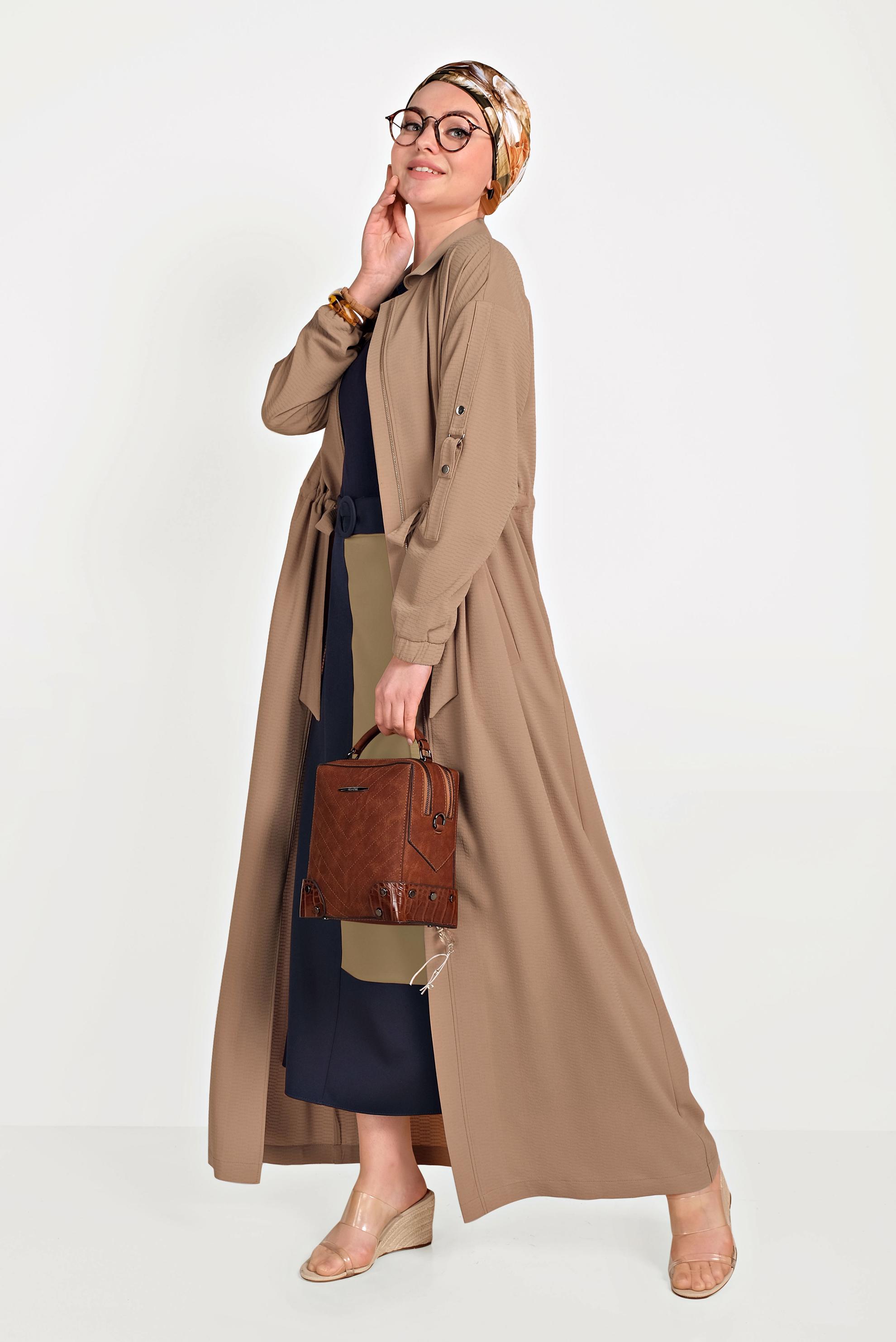 Tesettür giyim TABA ERKEK YAKA FERMUARLI LASTİKLİ PARDESÜ 10164