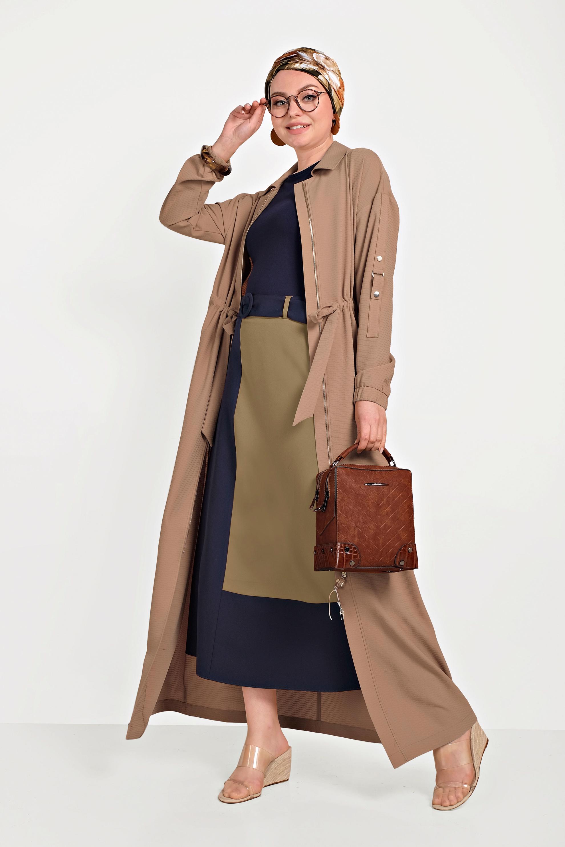 Tesettür giyim TABA ERKEK YAKA FERMUARLI LASTİKLİ PARDESÜ 10164