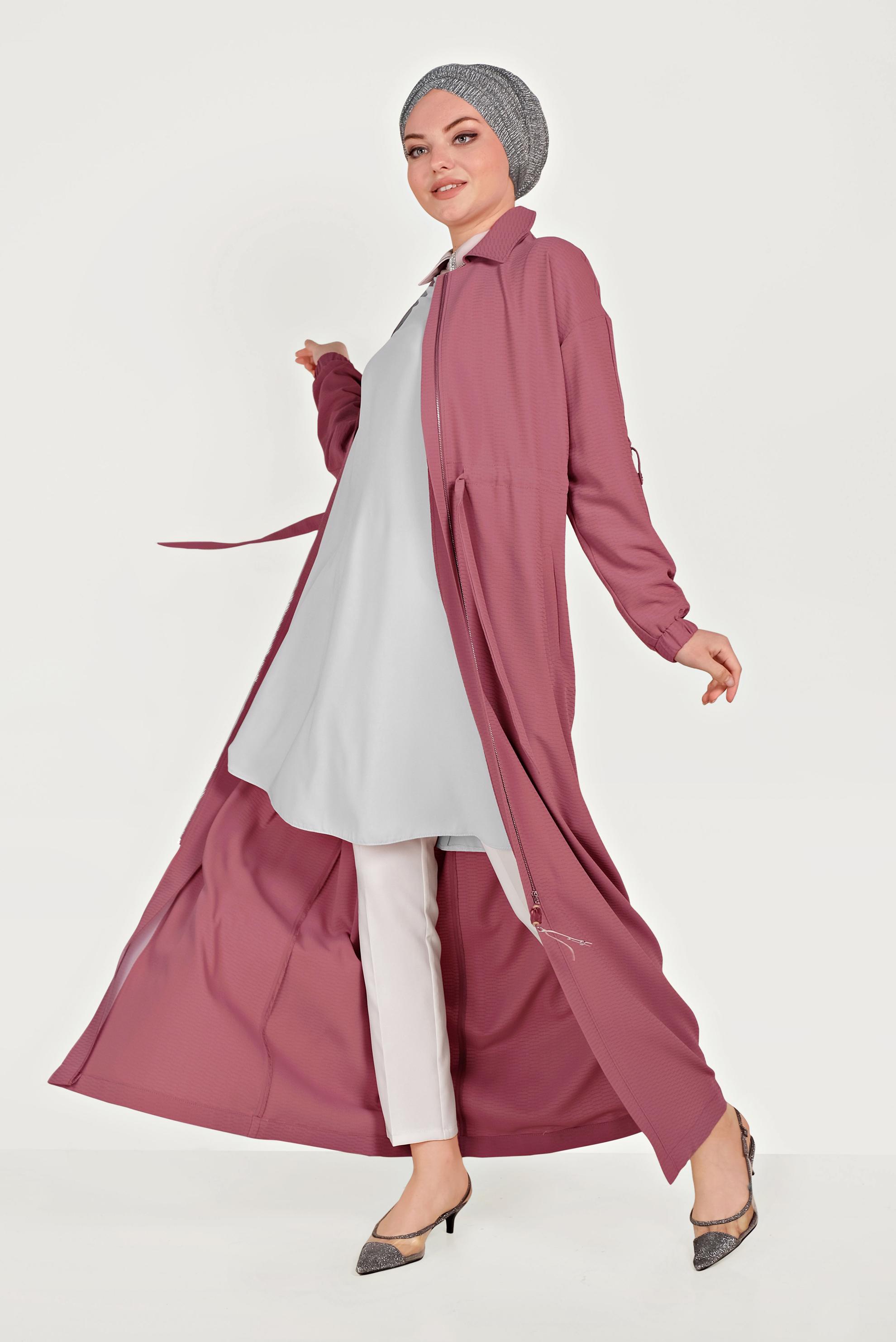 Tesettür giyim PEMBE ERKEK YAKA FERMUARLI LASTİKLİ PARDESÜ 10164