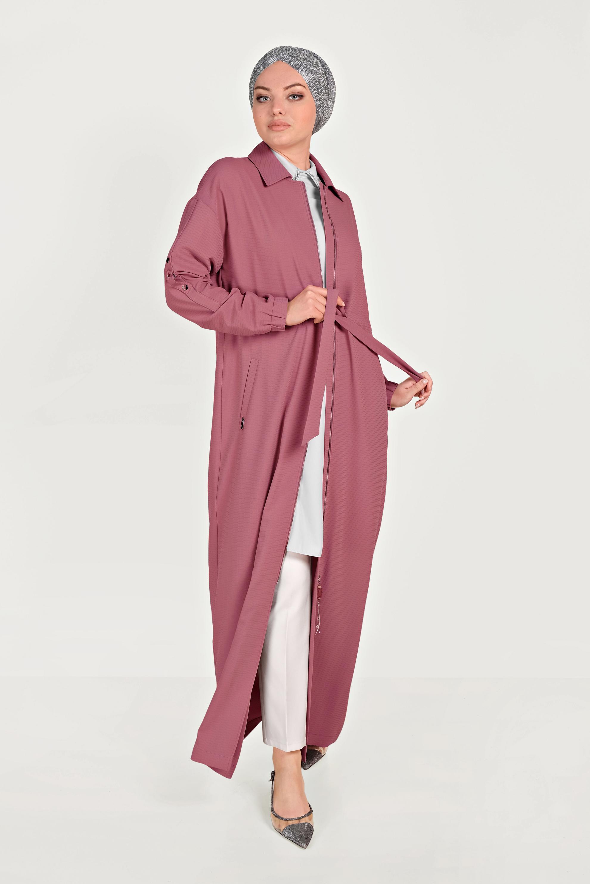Tesettür giyim PEMBE ERKEK YAKA FERMUARLI LASTİKLİ PARDESÜ 10164
