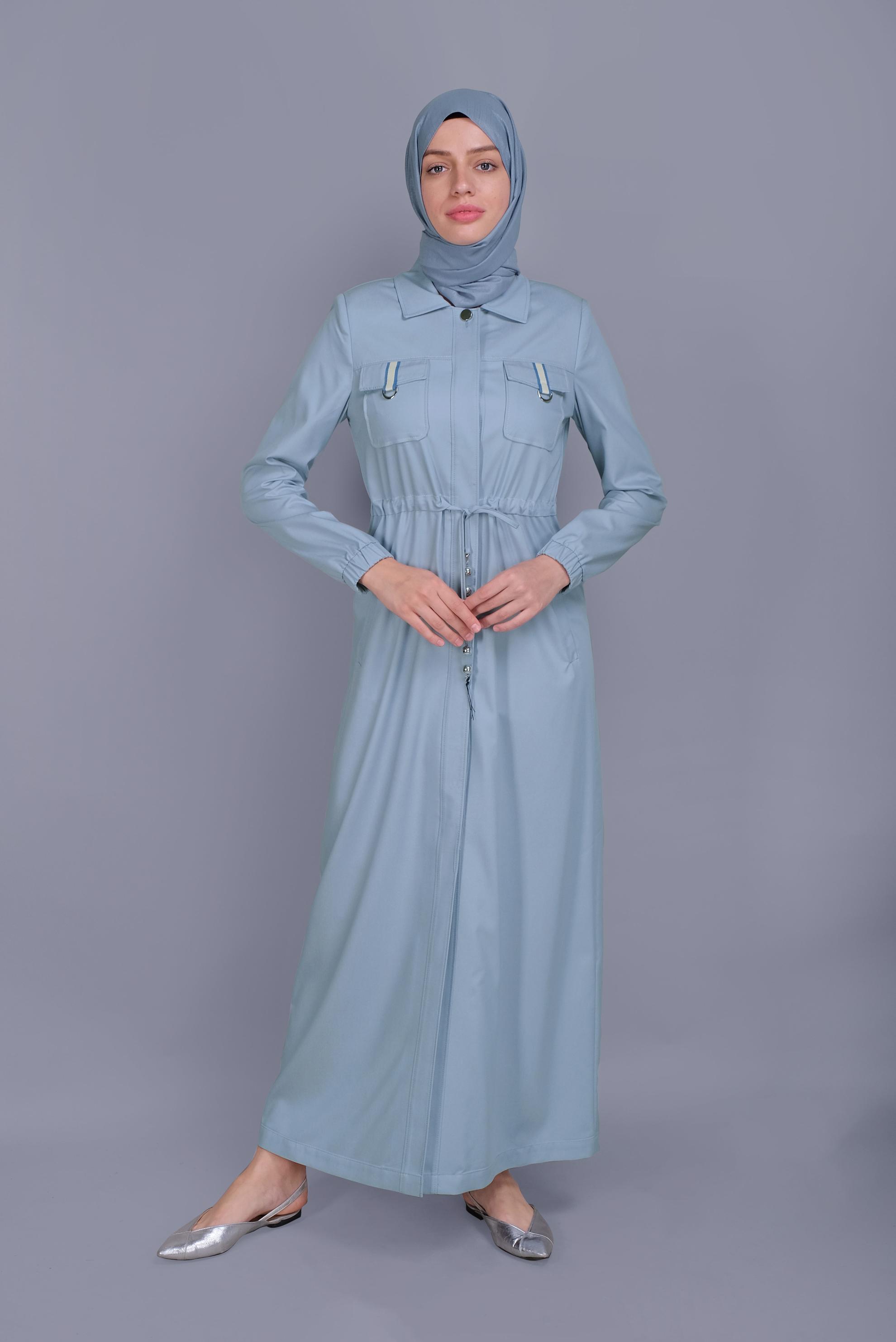Tesettür giyim MAVİ BELDEN BAĞCIKLI CEPLİ PARDESÜ 10166