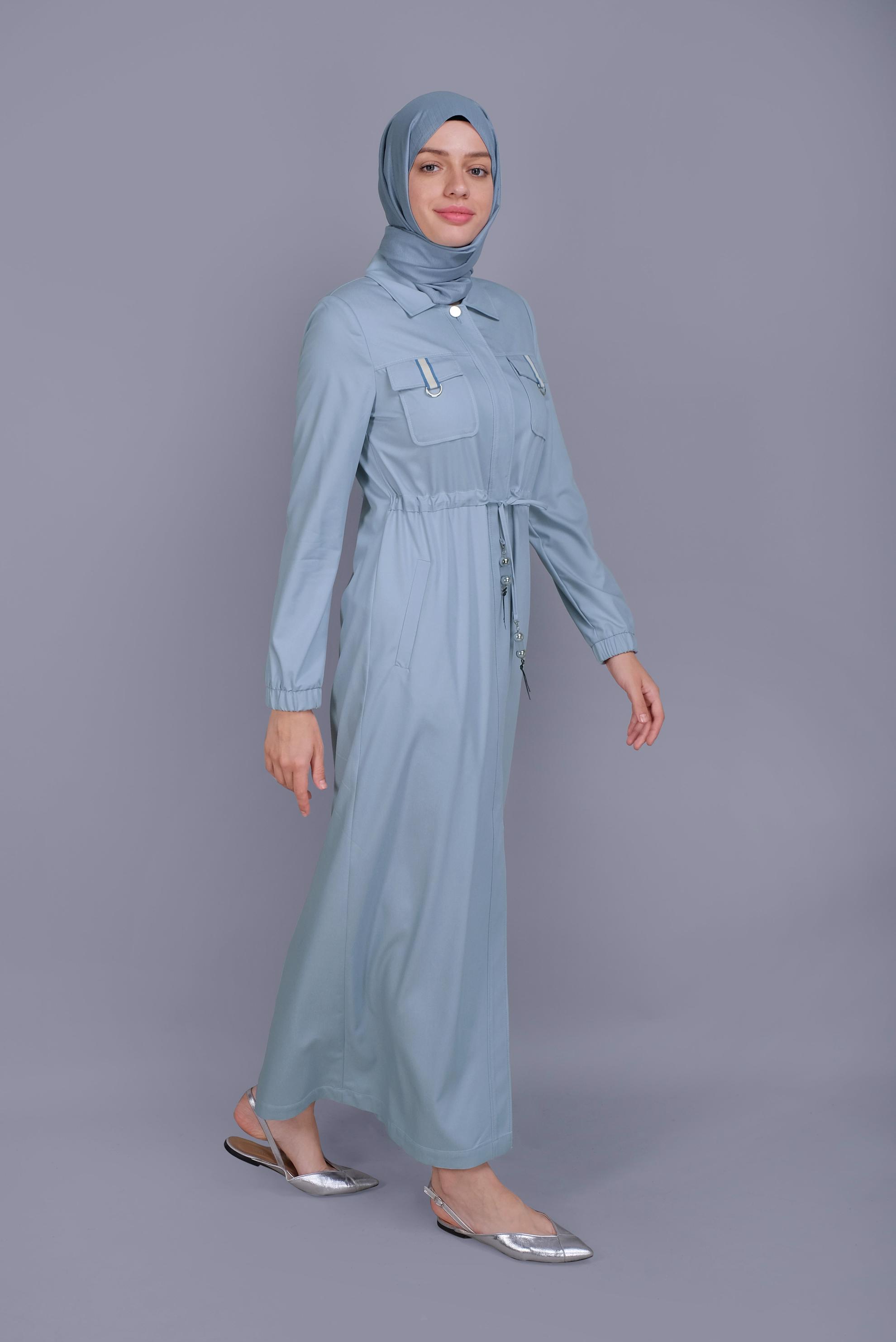 Tesettür giyim MAVİ BELDEN BAĞCIKLI CEPLİ PARDESÜ 10166
