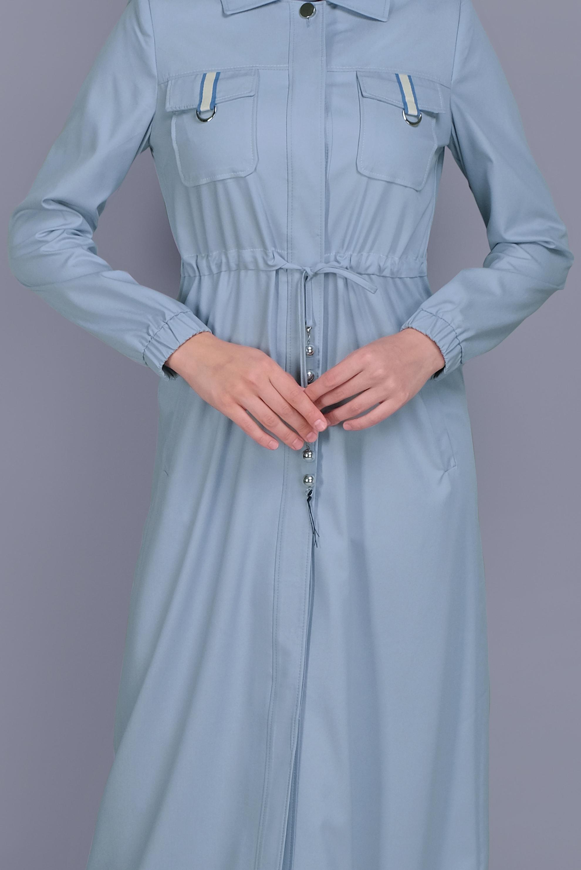 Tesettür giyim MAVİ BELDEN BAĞCIKLI CEPLİ PARDESÜ 10166