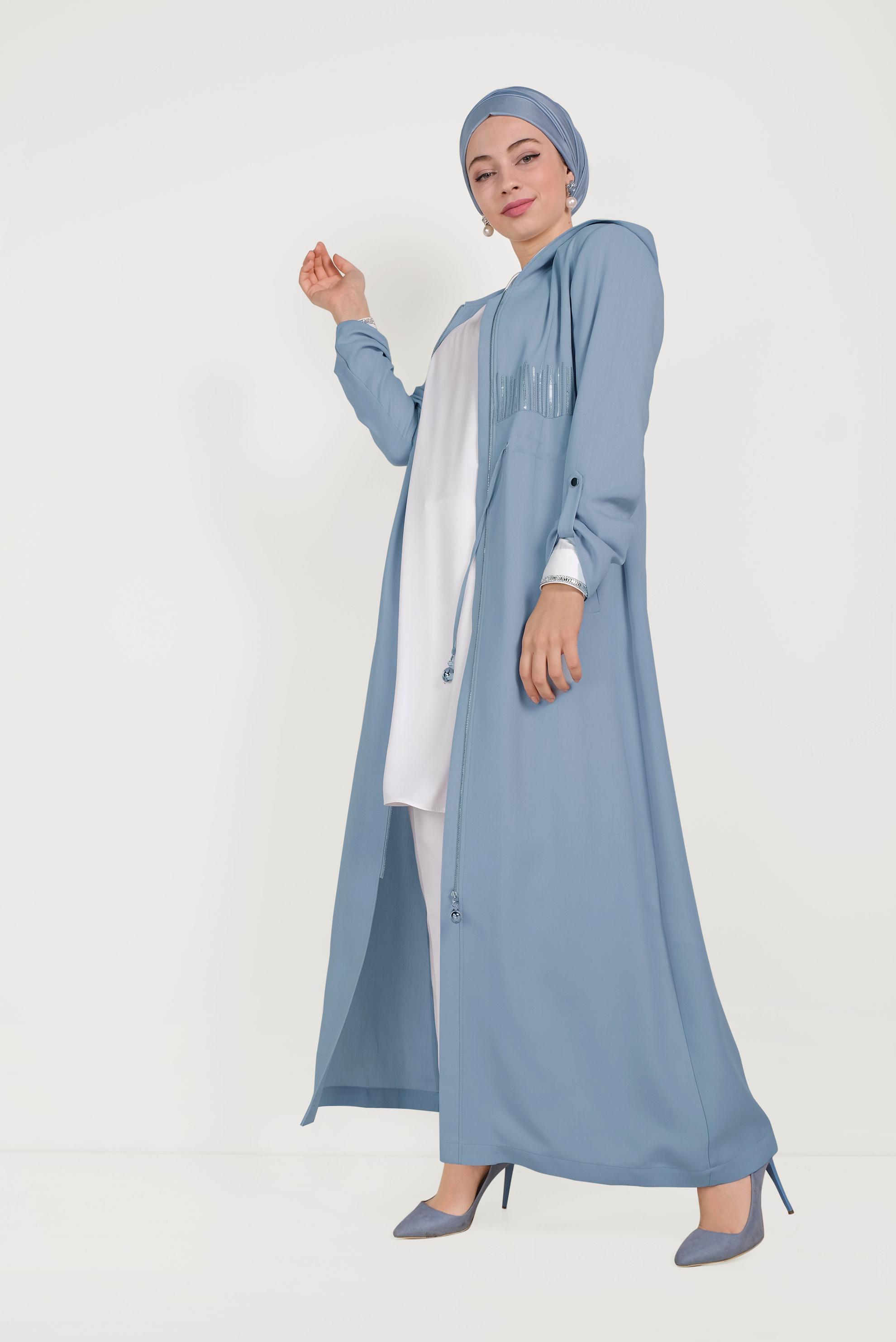 Tesettür giyim MAVİ BELİ BAĞCIKLI PARDESÜ 10167