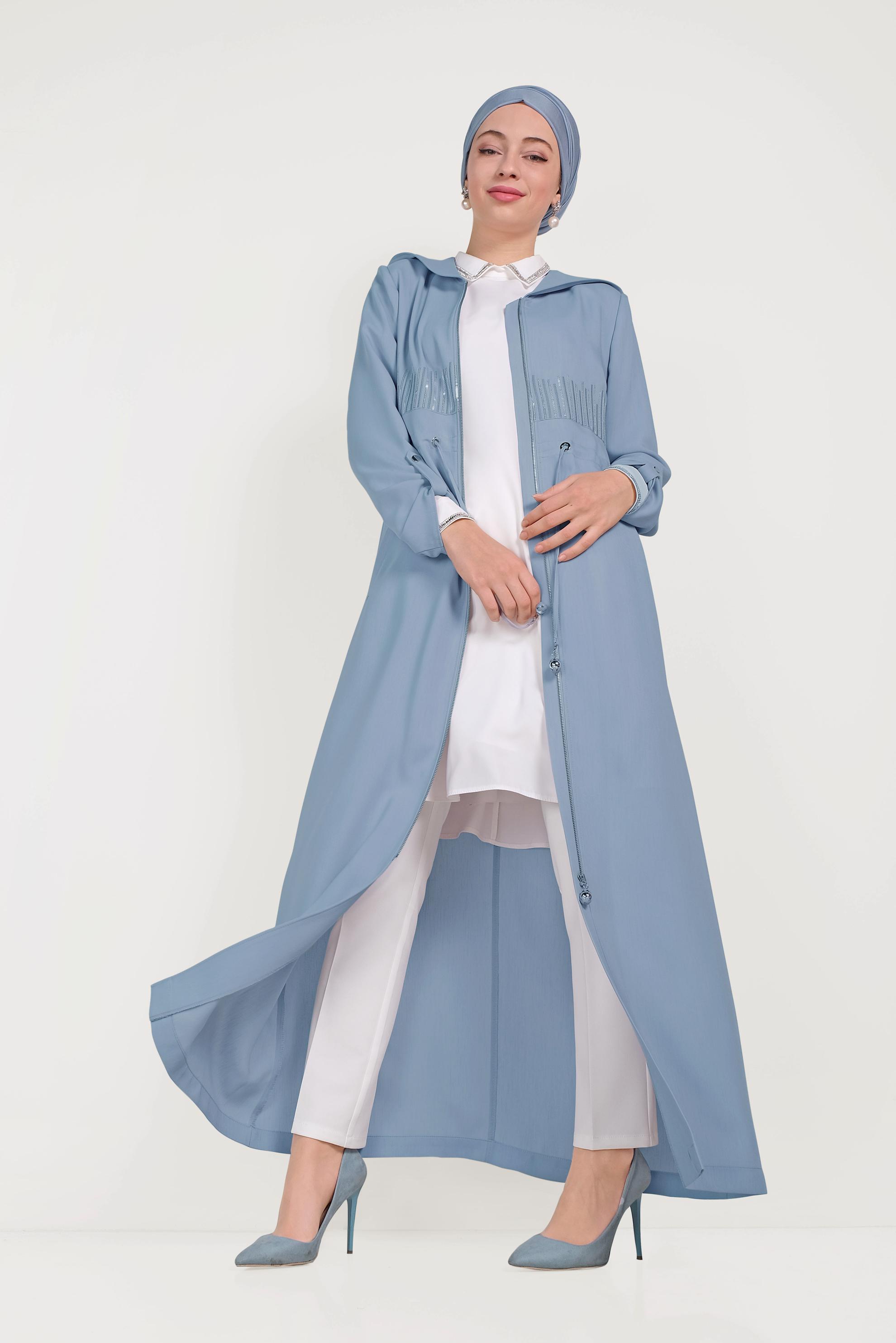 Tesettür giyim MAVİ BELİ BAĞCIKLI PARDESÜ 10167