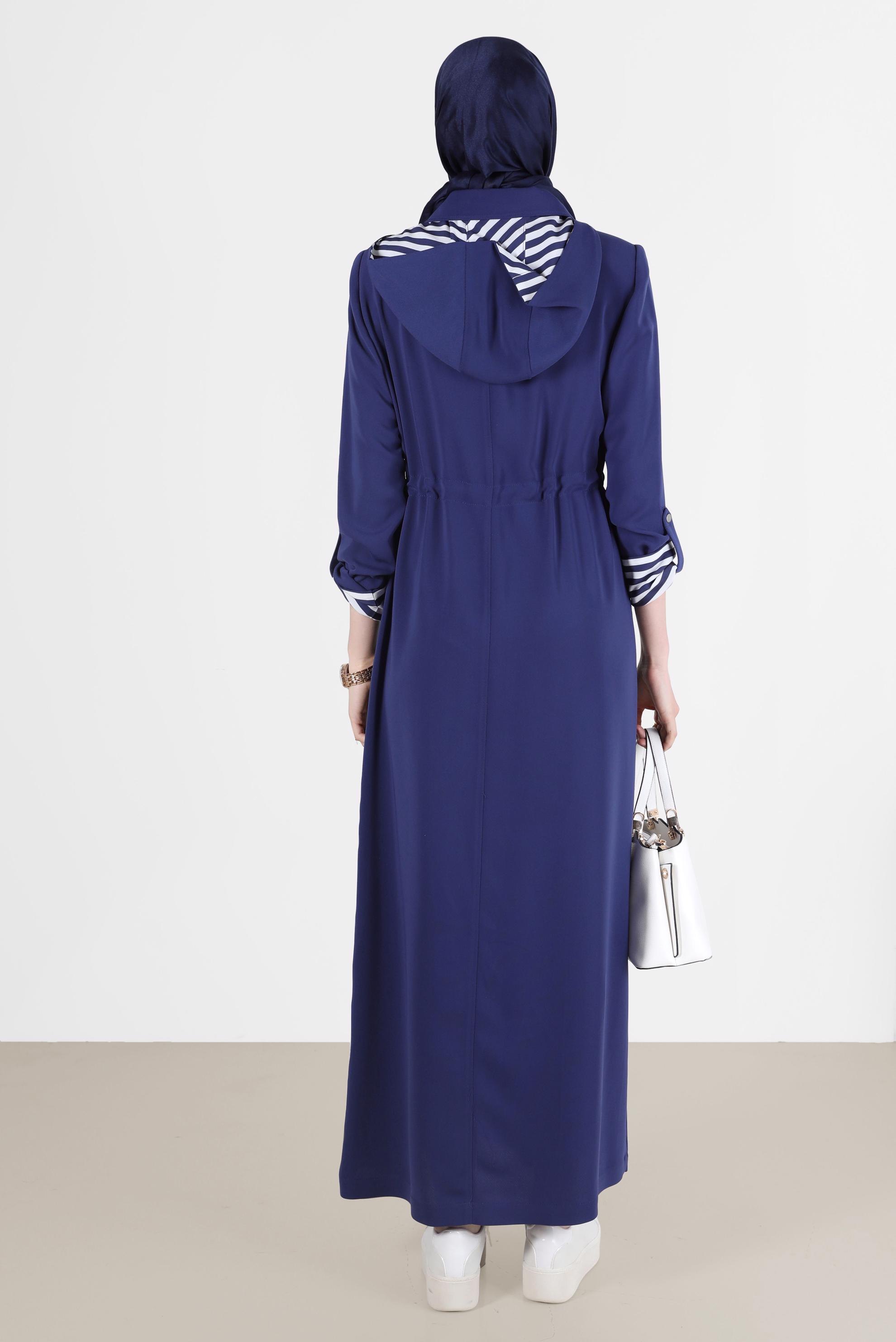 Tesettür giyim LACİVERT BELİ BÜZGÜLÜ KAPÜŞONLU PARDESÜ 10168