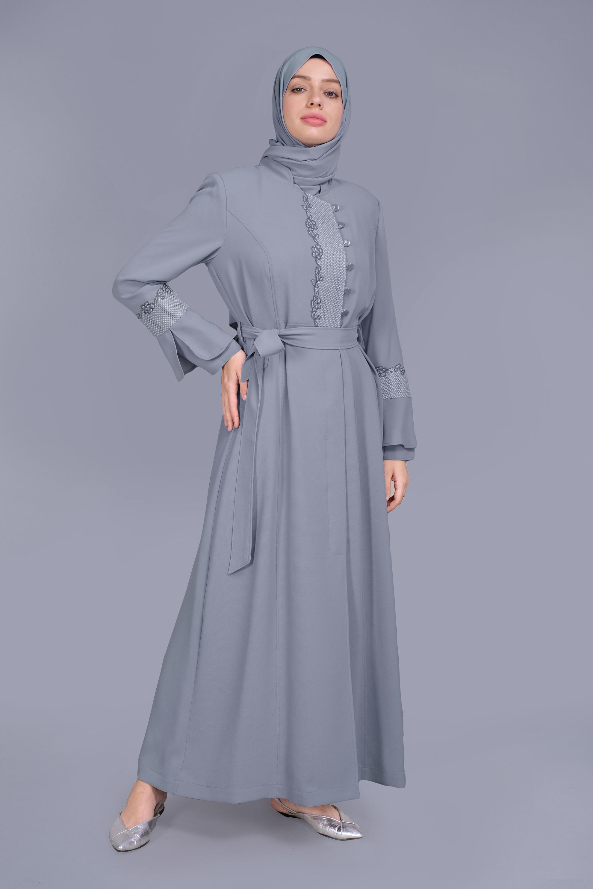Vêtements hijab GRIS COUCHE DE FINITION DÉTAILLÉE DE BRODERIE 10199 