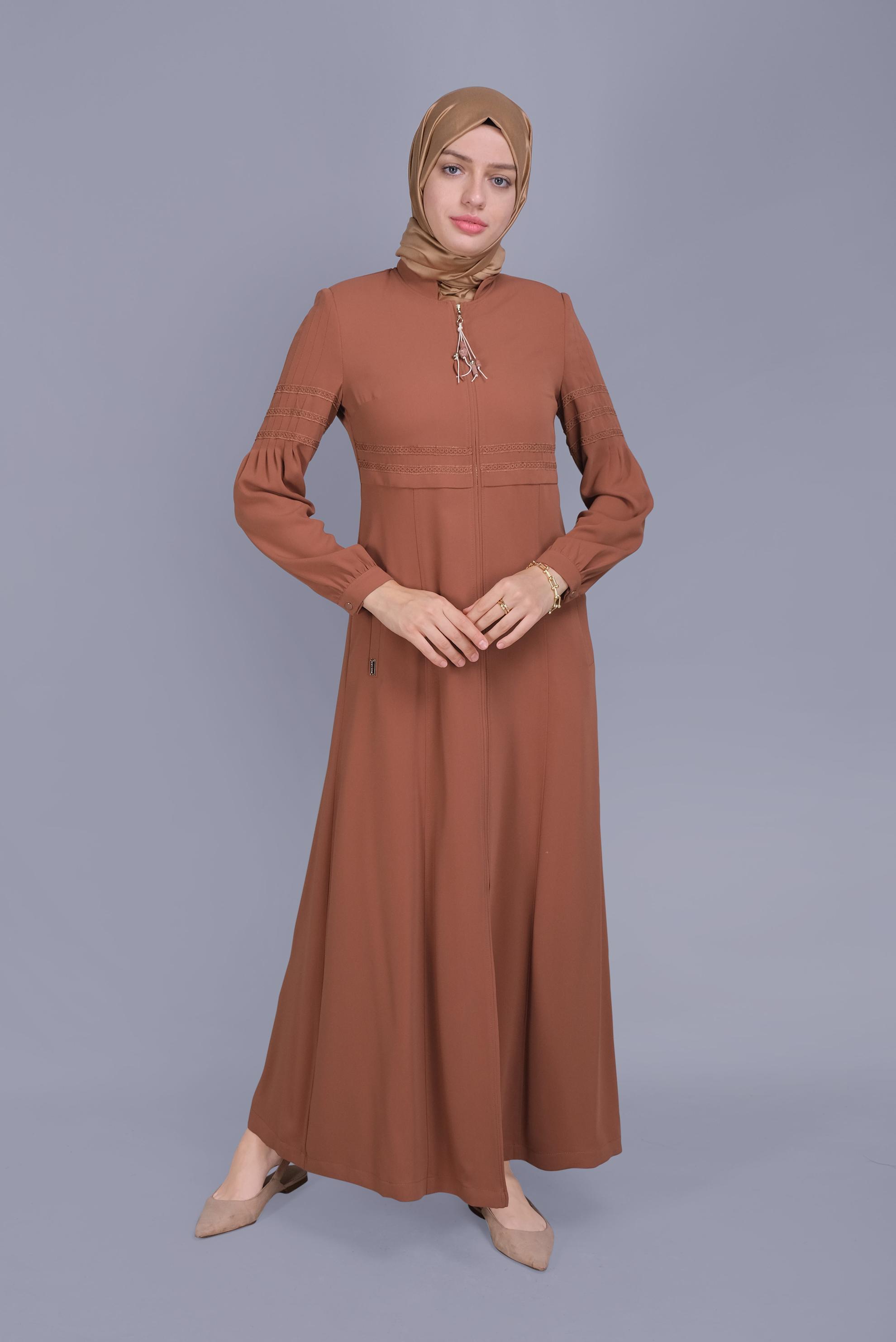 Tesettür giyim TURUNCU NAKIŞLI FERMUARLI PARDESÜ 10214