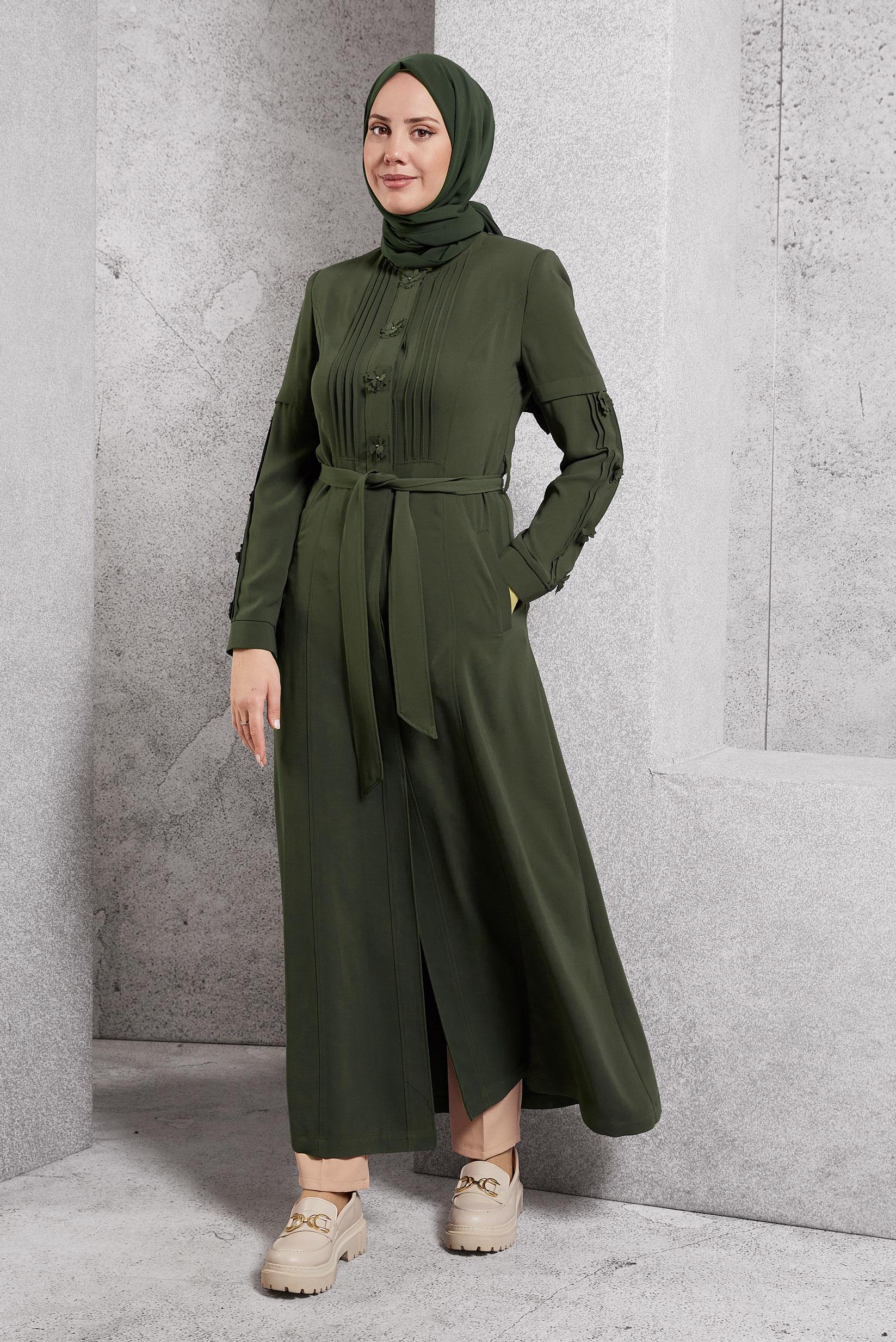 Tesettür giyim HAKİ HAKİM YAKA PARDESÜ 10218