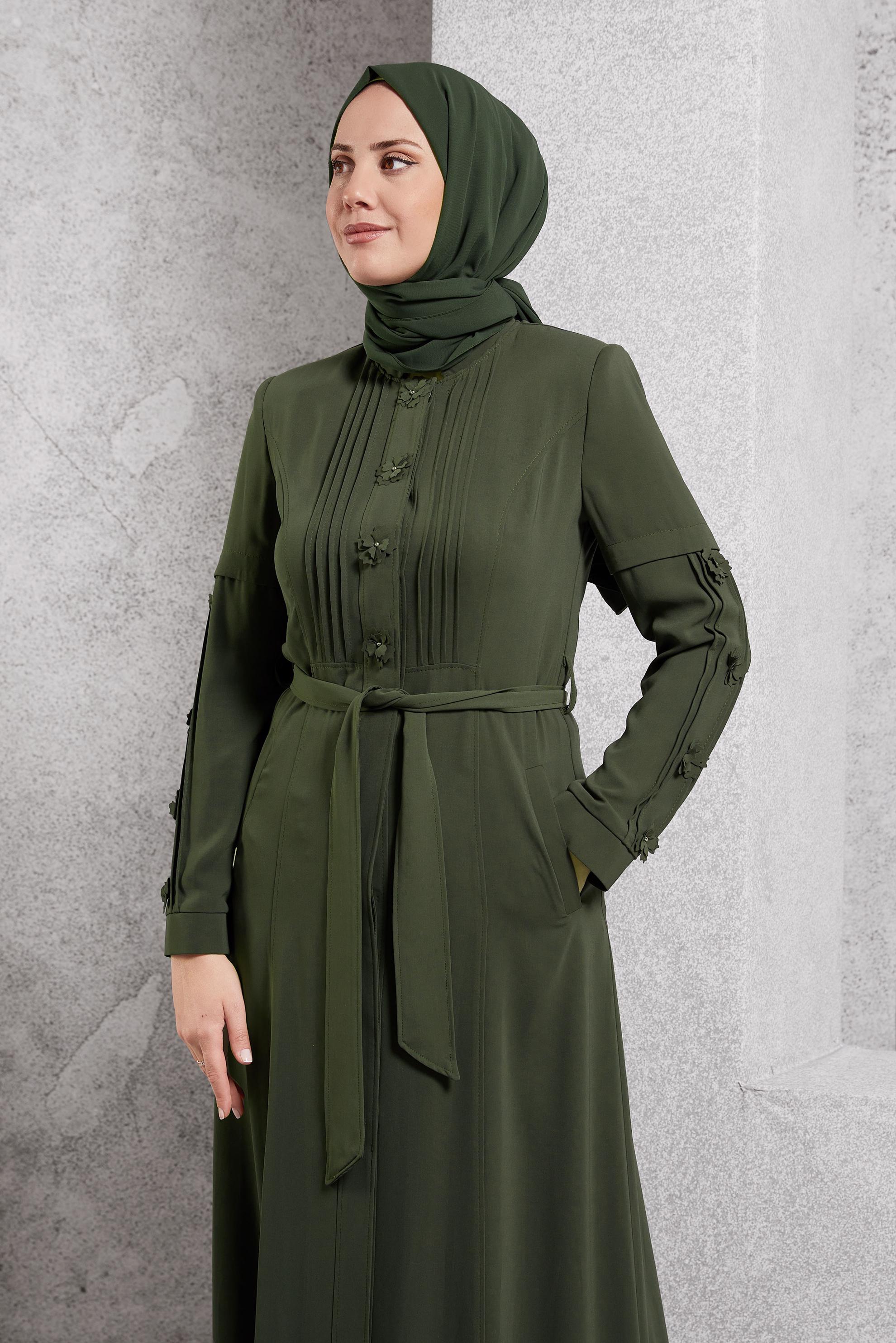 Tesettür giyim HAKİ HAKİM YAKA PARDESÜ 10218