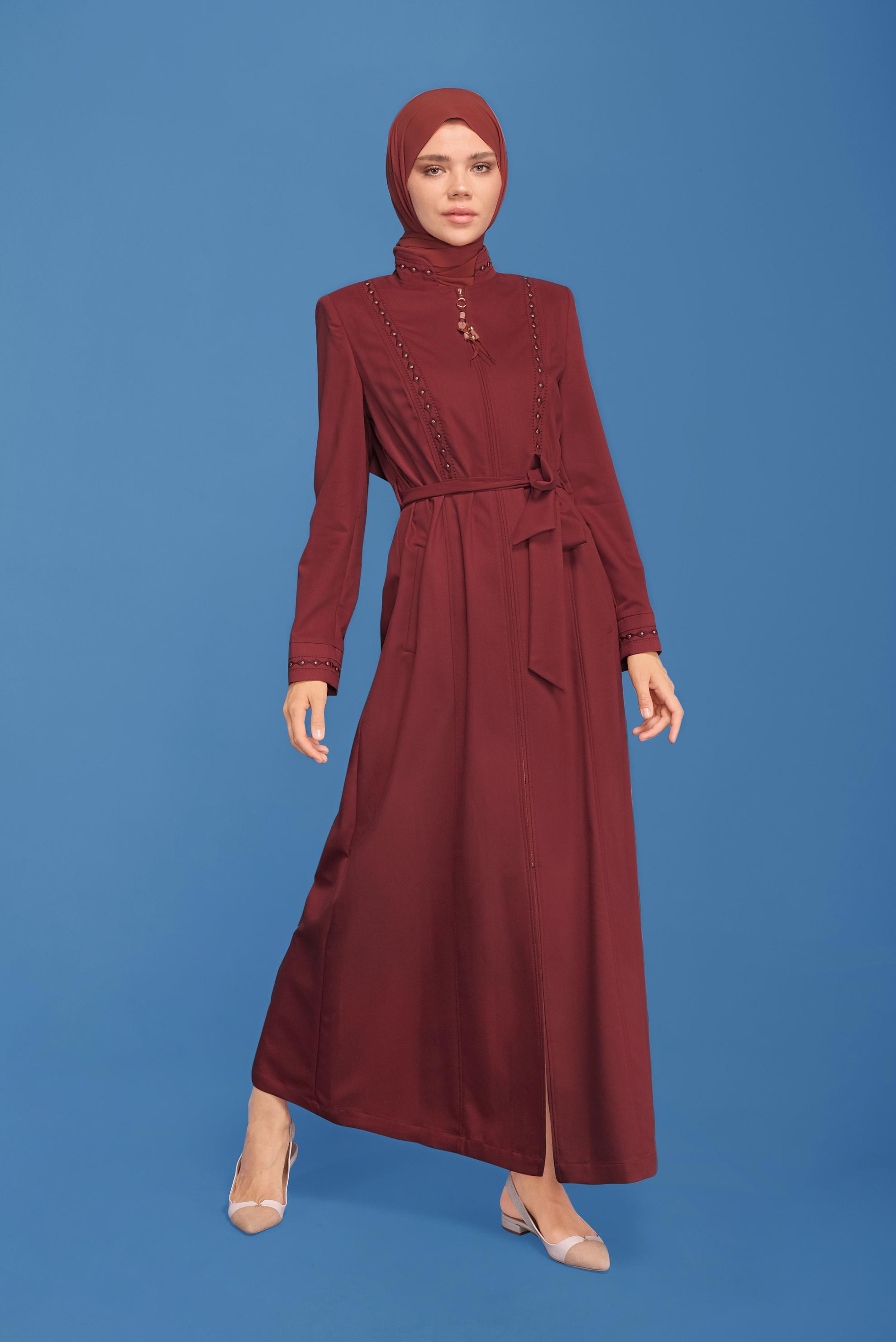 Vêtements hijab ROUGE BORDEAUX COUCHE DE FINITION BRODÉE EN PERLES 10219