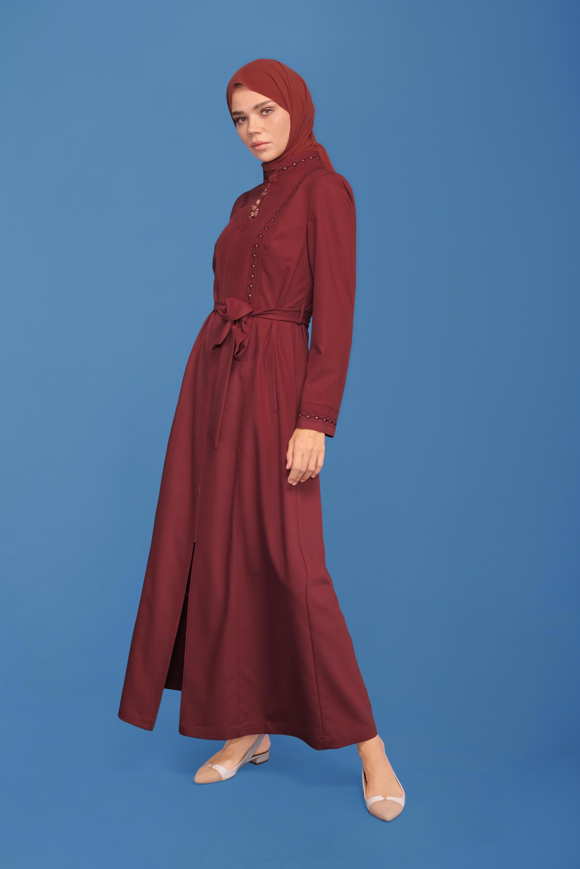 Vêtements hijab ROUGE BORDEAUX COUCHE DE FINITION BRODÉE EN PERLES 10219