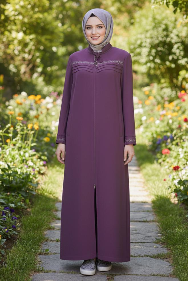Hijab clothing PURPLE EMBROIDERED ZIPPERED TOPCOAT 10221 - ALVİNA