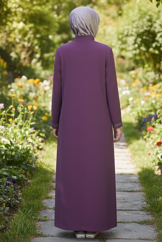 Hijab clothing PURPLE EMBROIDERED ZIPPERED TOPCOAT 10221 - ALVİNA