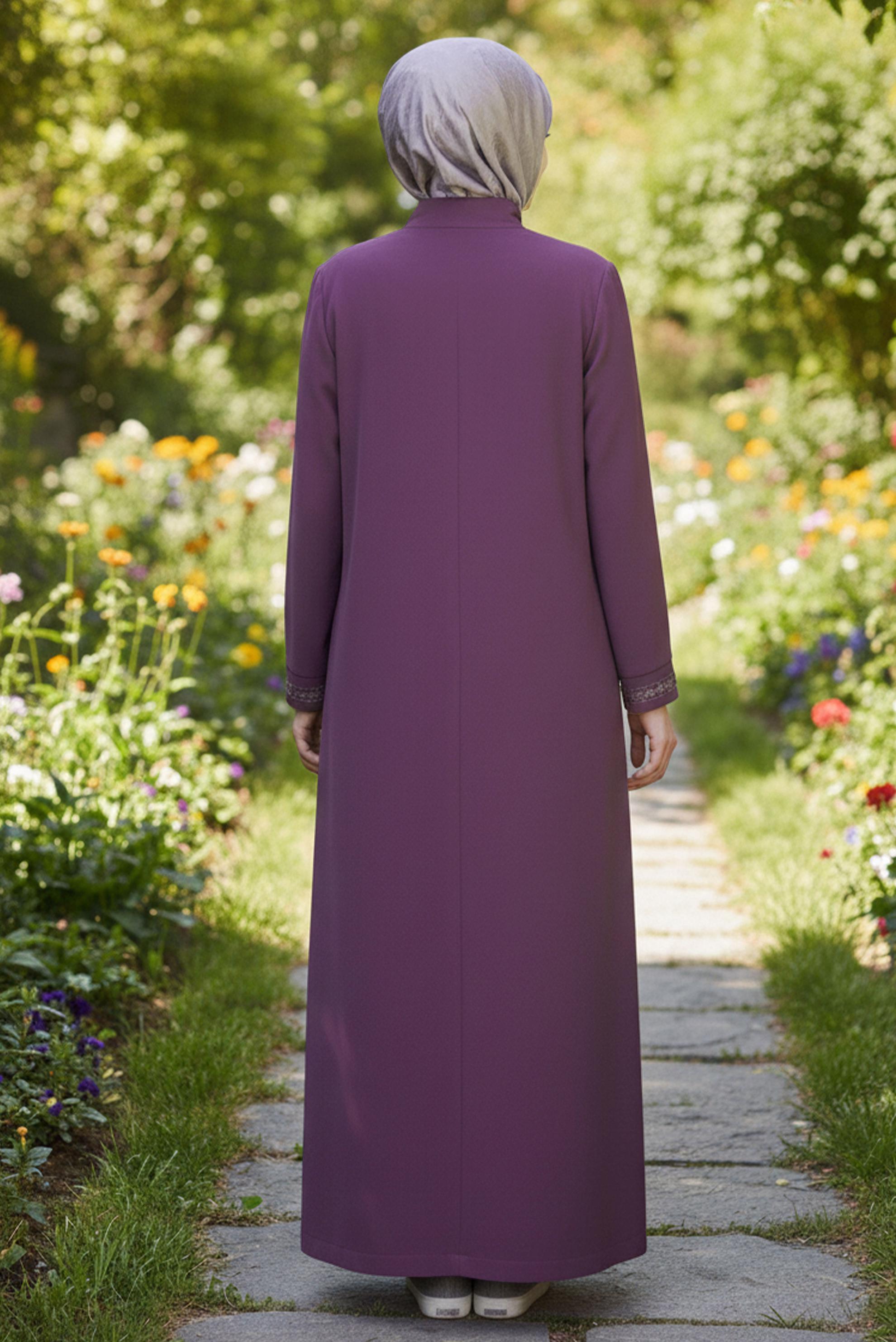 Tesettür giyim MOR NAKIŞLI FERMUARLI PARDESÜ 10221