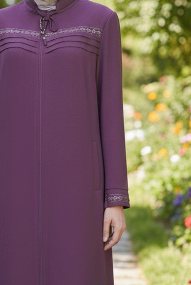Hijab clothing PURPLE EMBROIDERED ZIPPERED TOPCOAT 10221 - ALVİNA