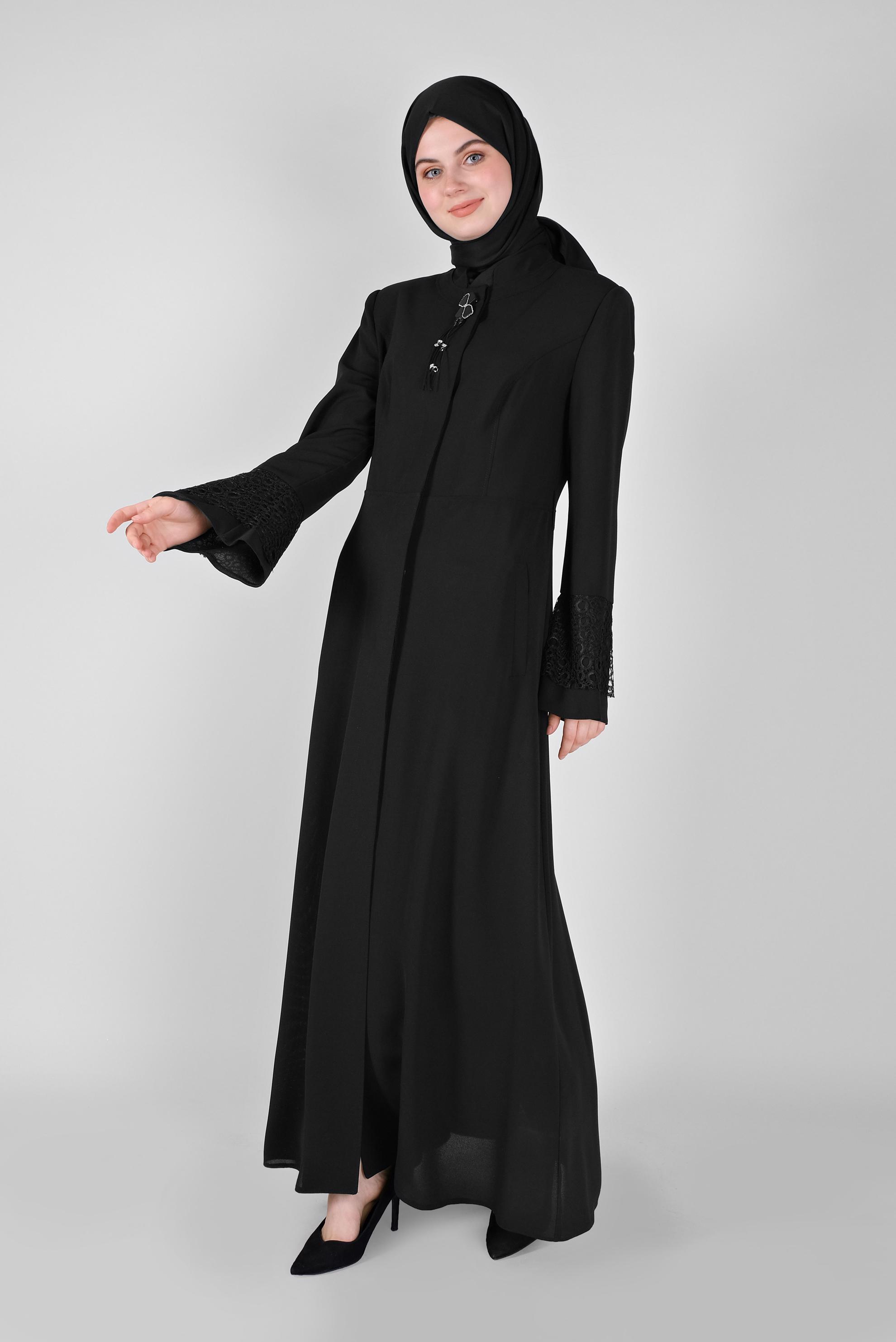 Tesettür giyim SİYAH KOLLARI GÜPÜRLÜ KUŞAKLI PARDESÜ 10223