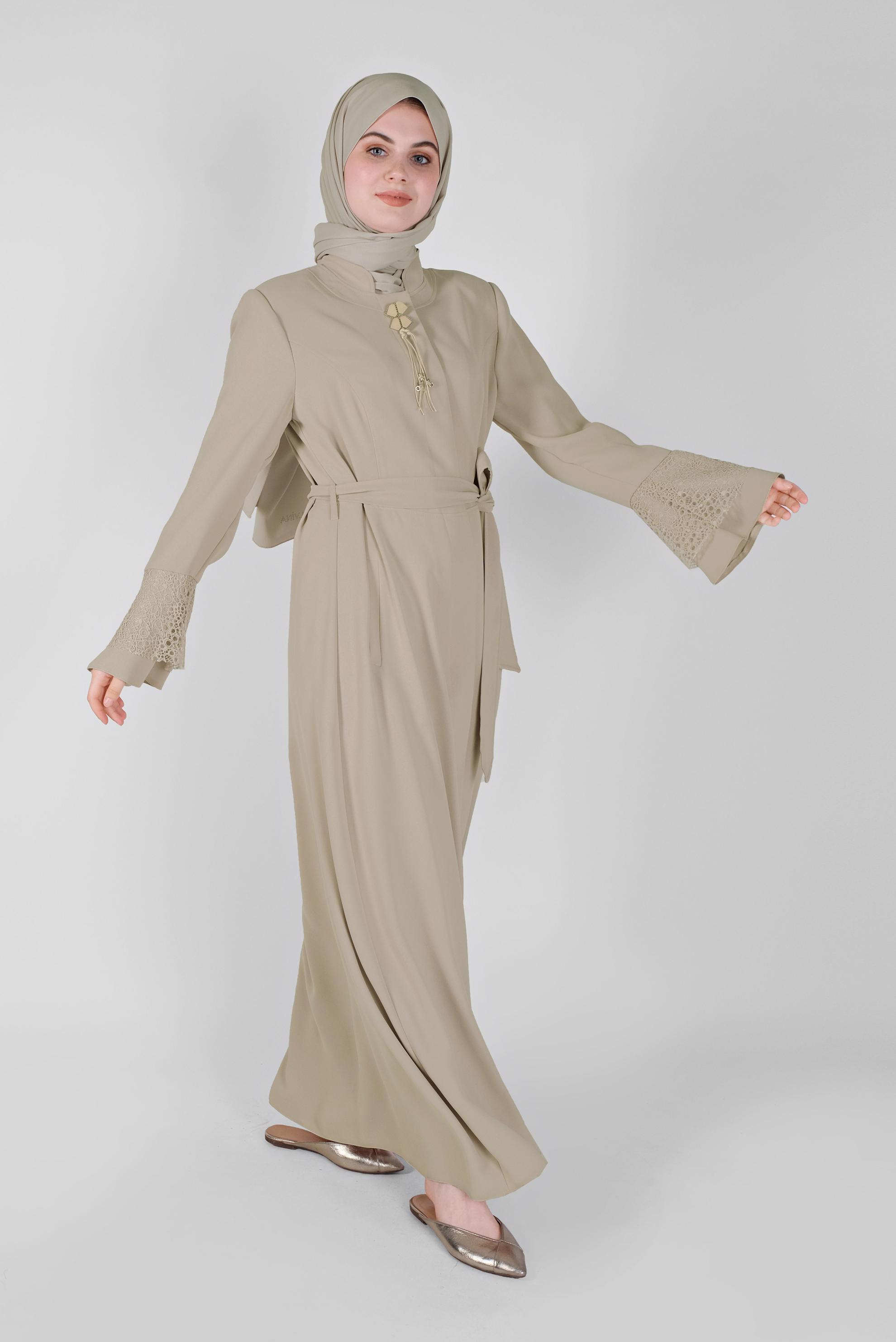 Vêtements hijab BEIGE COUCHE DE FINITION CEINTURÉE DÉTAIL GUIPURE 10223