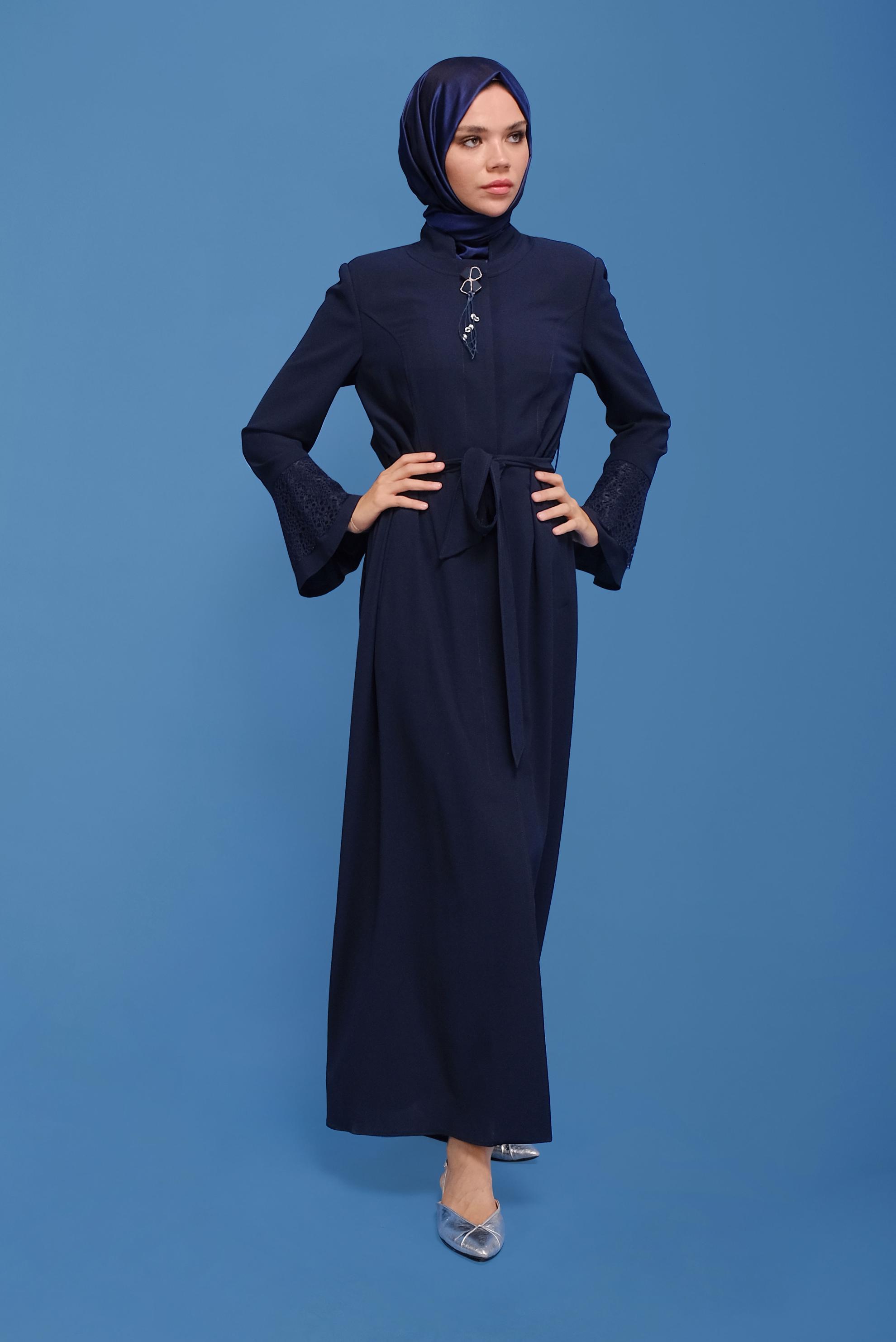 Vêtements hijab BLEU MARINE COUCHE DE FINITION CEINTURÉE DÉTAIL GUIPURE 10223