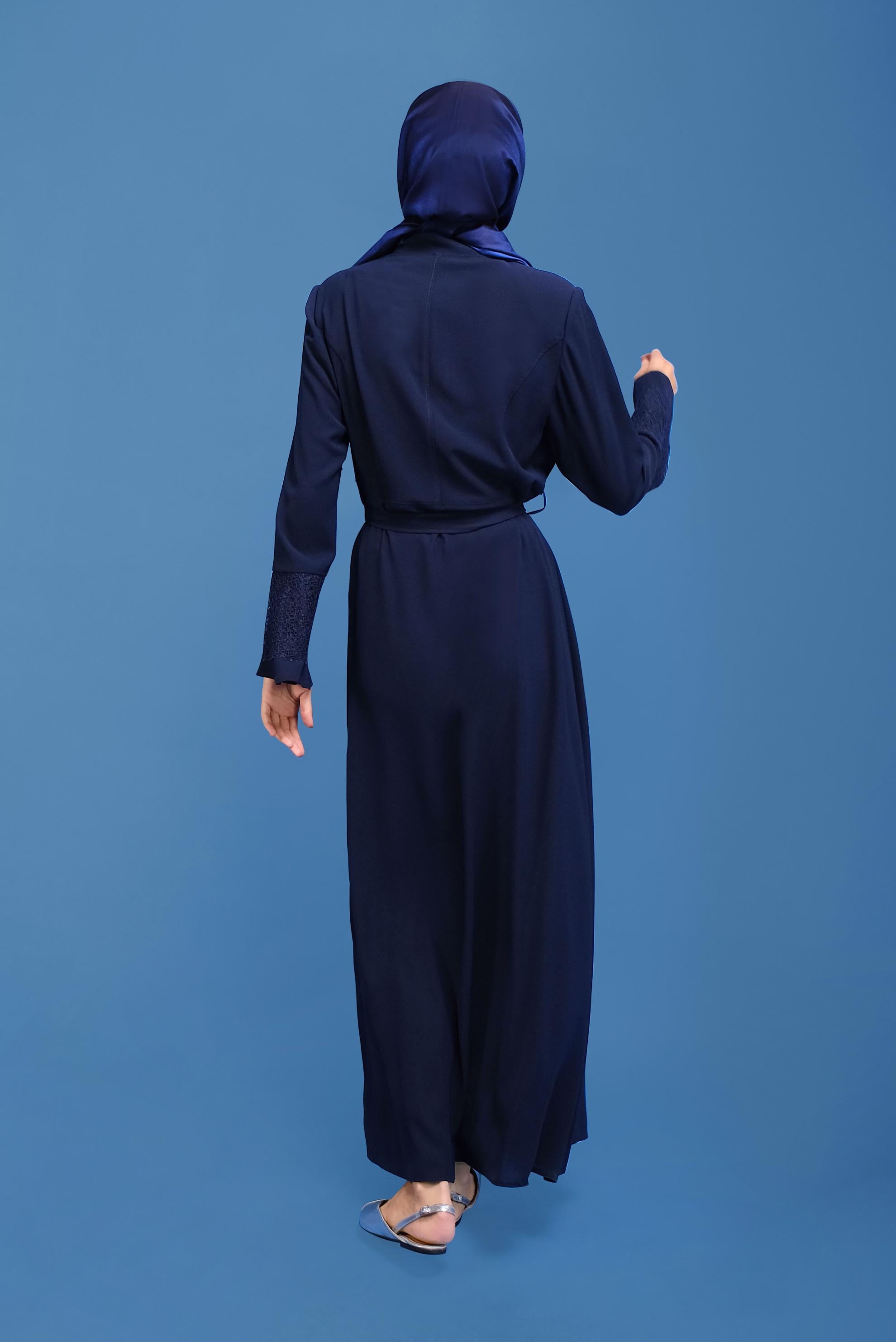 Vêtements hijab BLEU MARINE COUCHE DE FINITION CEINTURÉE DÉTAIL GUIPURE 10223