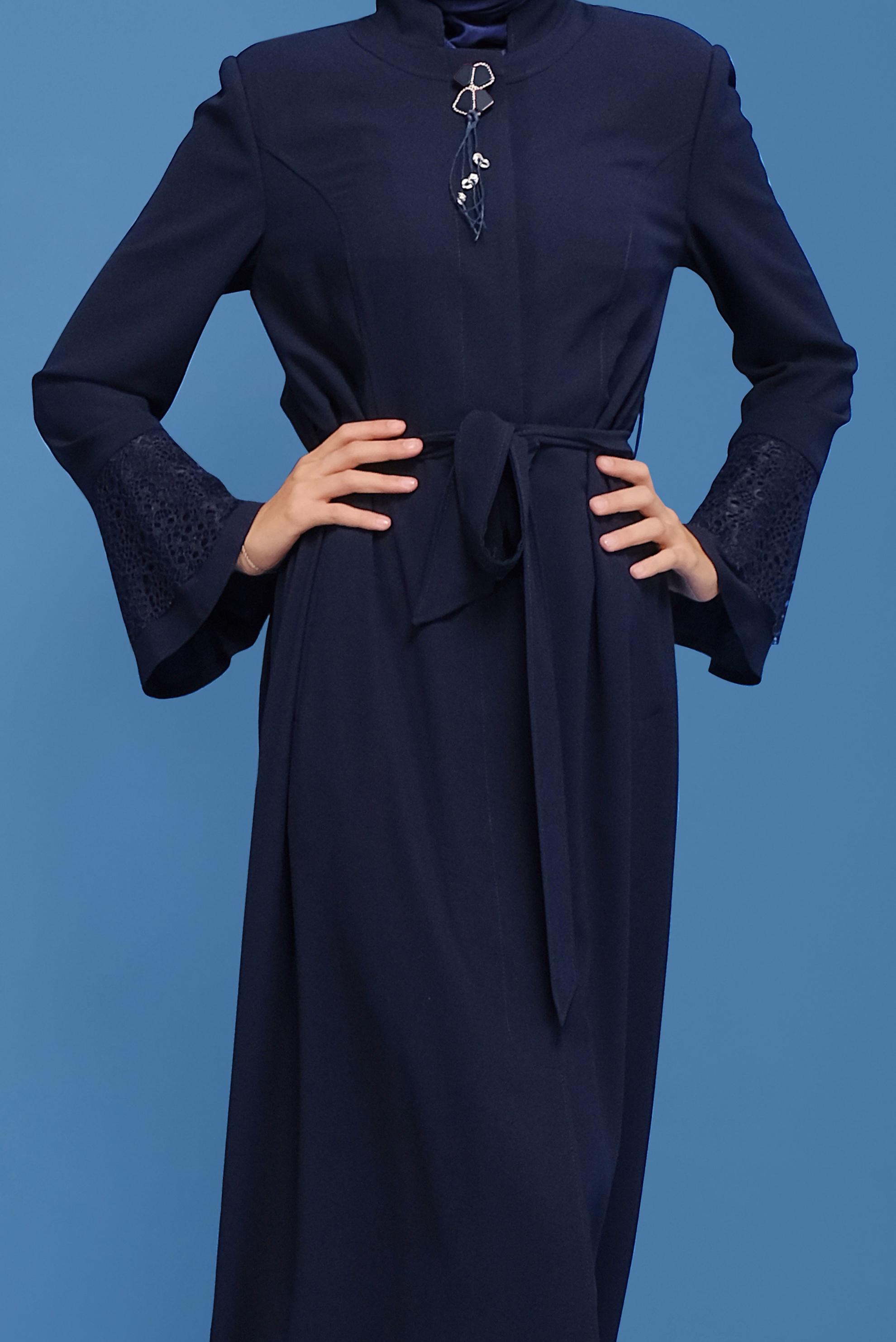Vêtements hijab BLEU MARINE COUCHE DE FINITION CEINTURÉE DÉTAIL GUIPURE 10223