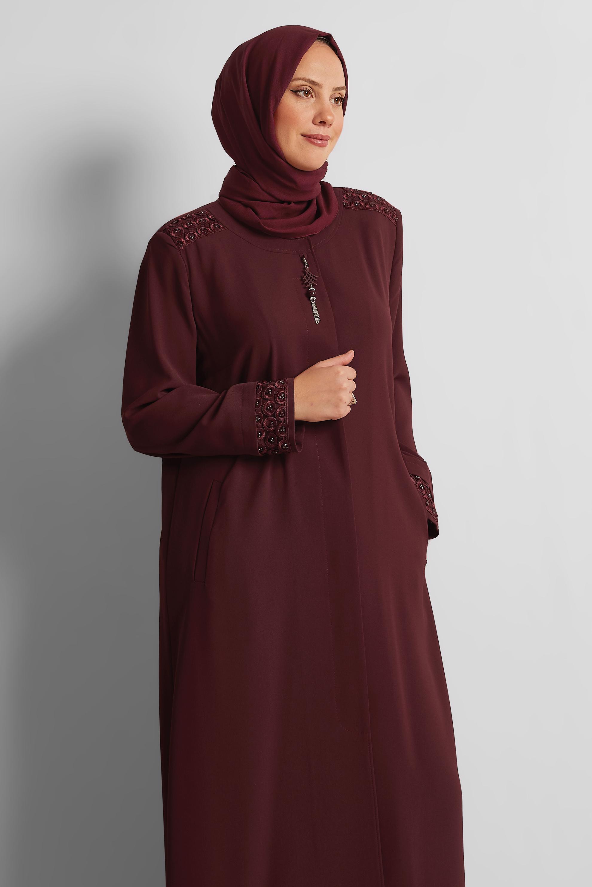 Tesettür giyim BORDO FERMUARLI PARDESÜ 10228