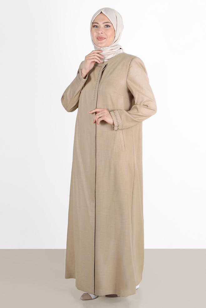 Hijab-Kleidung BRAUN BESTICKTER ÜBERMANTEL 10231 - ALVİNA