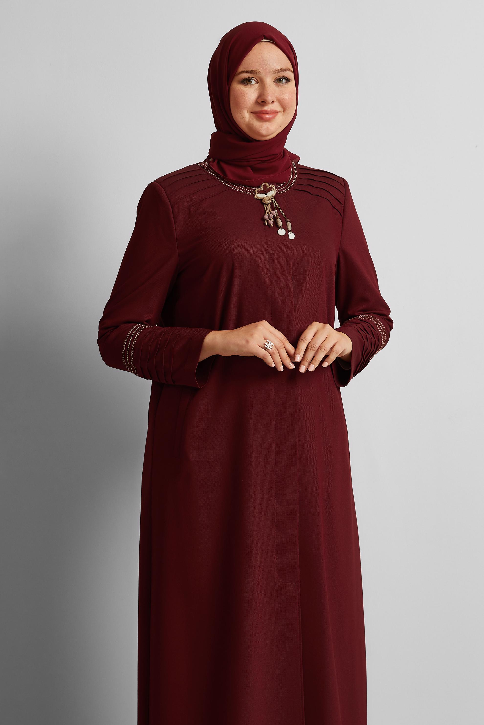 Vêtements hijab ROUGE BORDEAUX PARDESSUS À BROOCH 10233