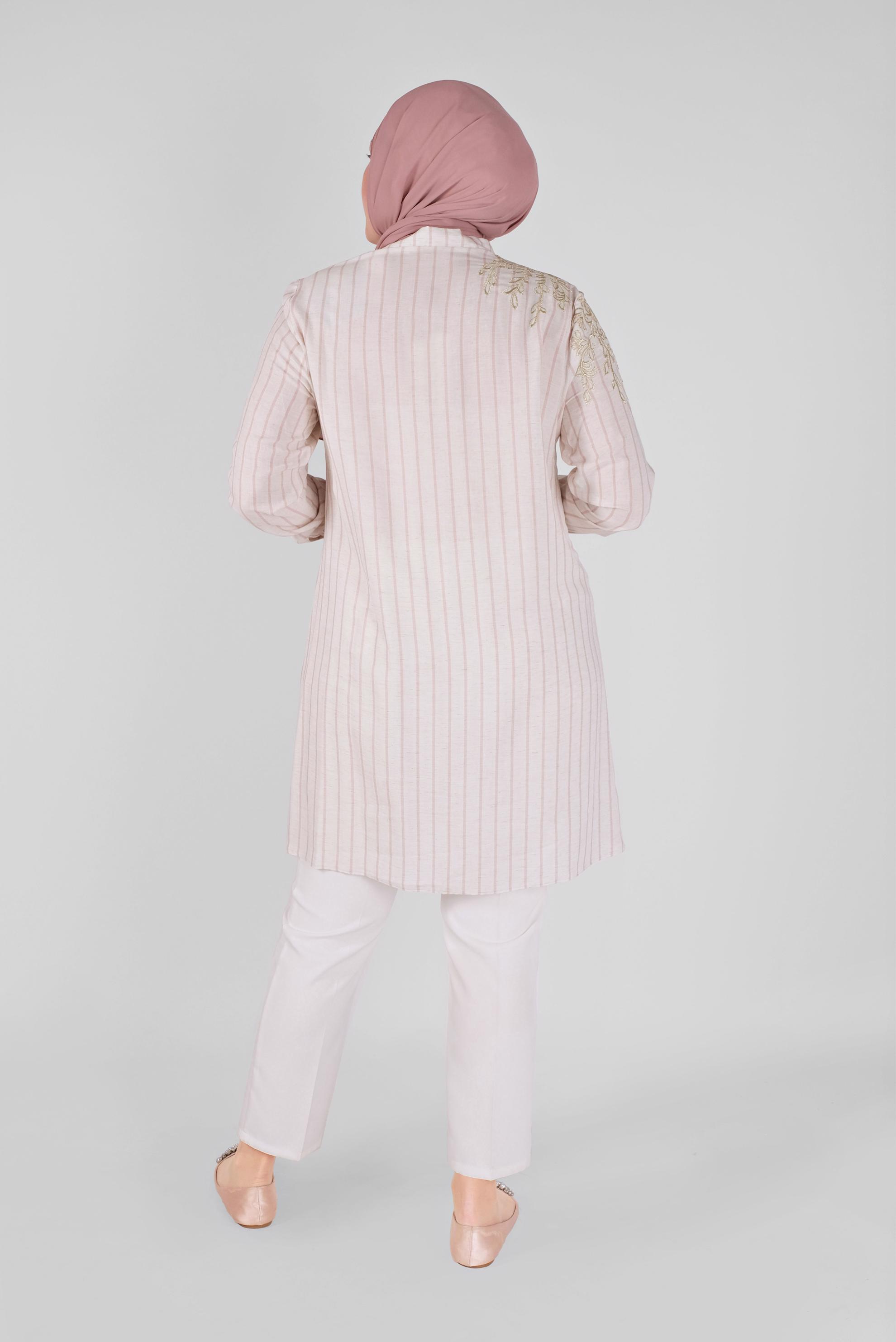 Tesettür giyim PUDRA ÇİZGİLİ NAKIŞLI TUNİK 40702 