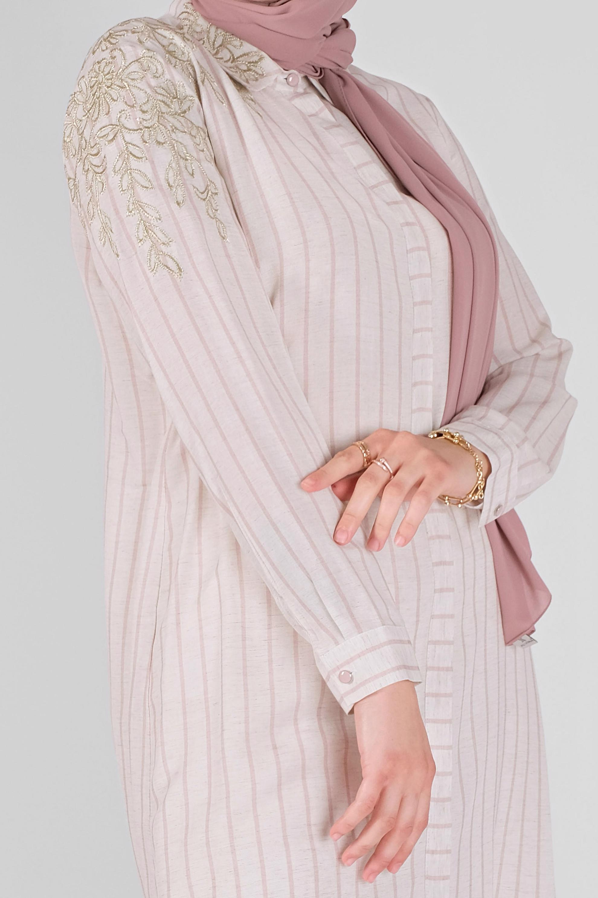 Tesettür giyim PUDRA ÇİZGİLİ NAKIŞLI TUNİK 40702 