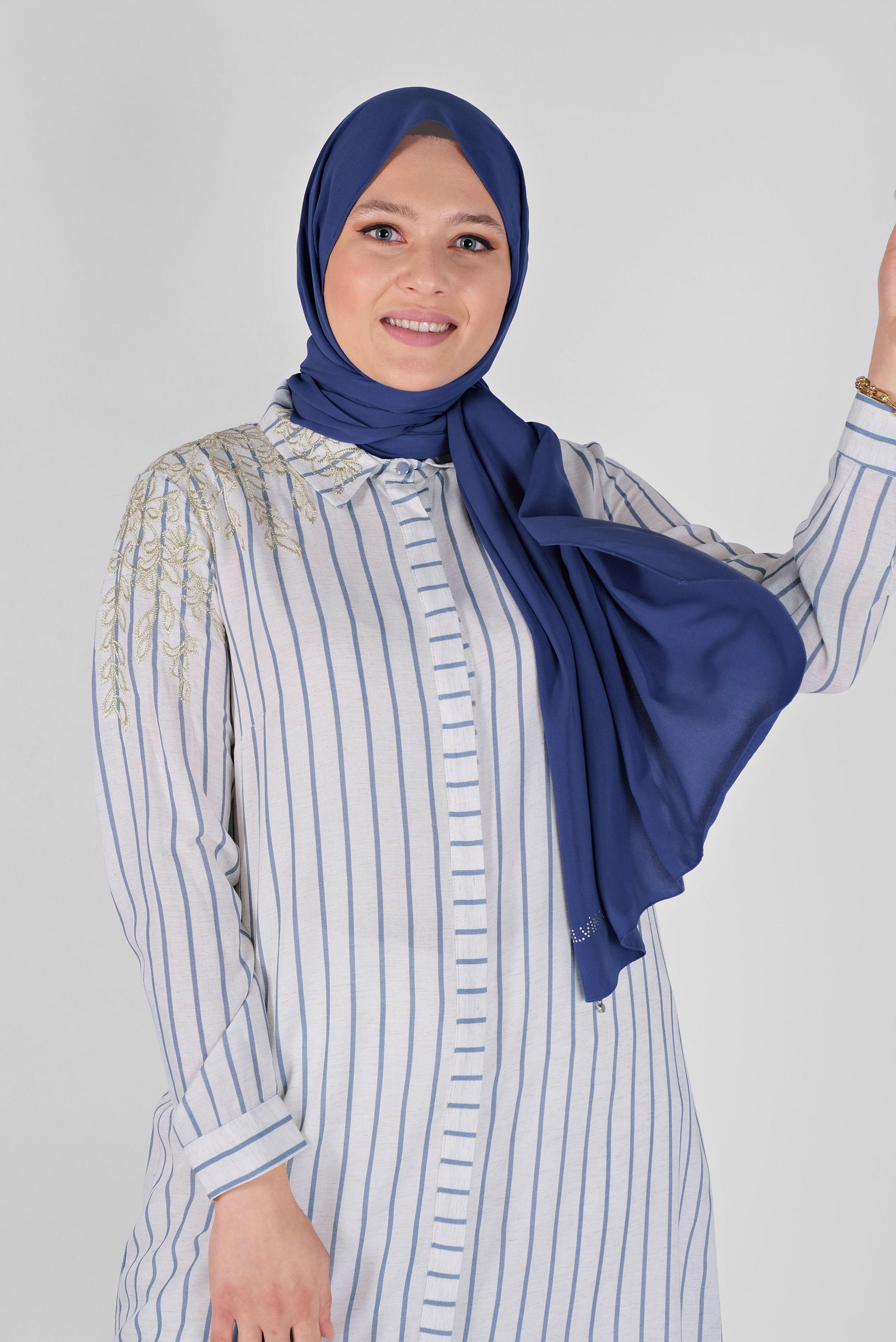 Hijab clothing NAVY BLUE STRIPED EMBROIDERED TUNIC 40702