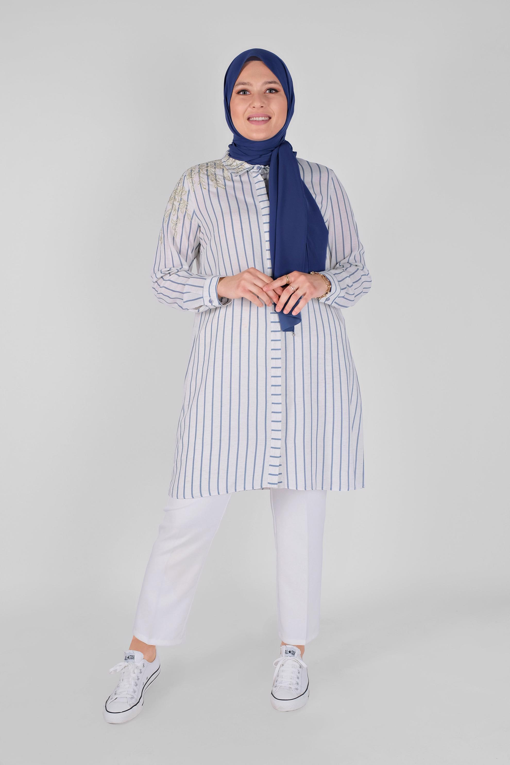 Hijab clothing NAVY BLUE STRIPED EMBROIDERED TUNIC 40702