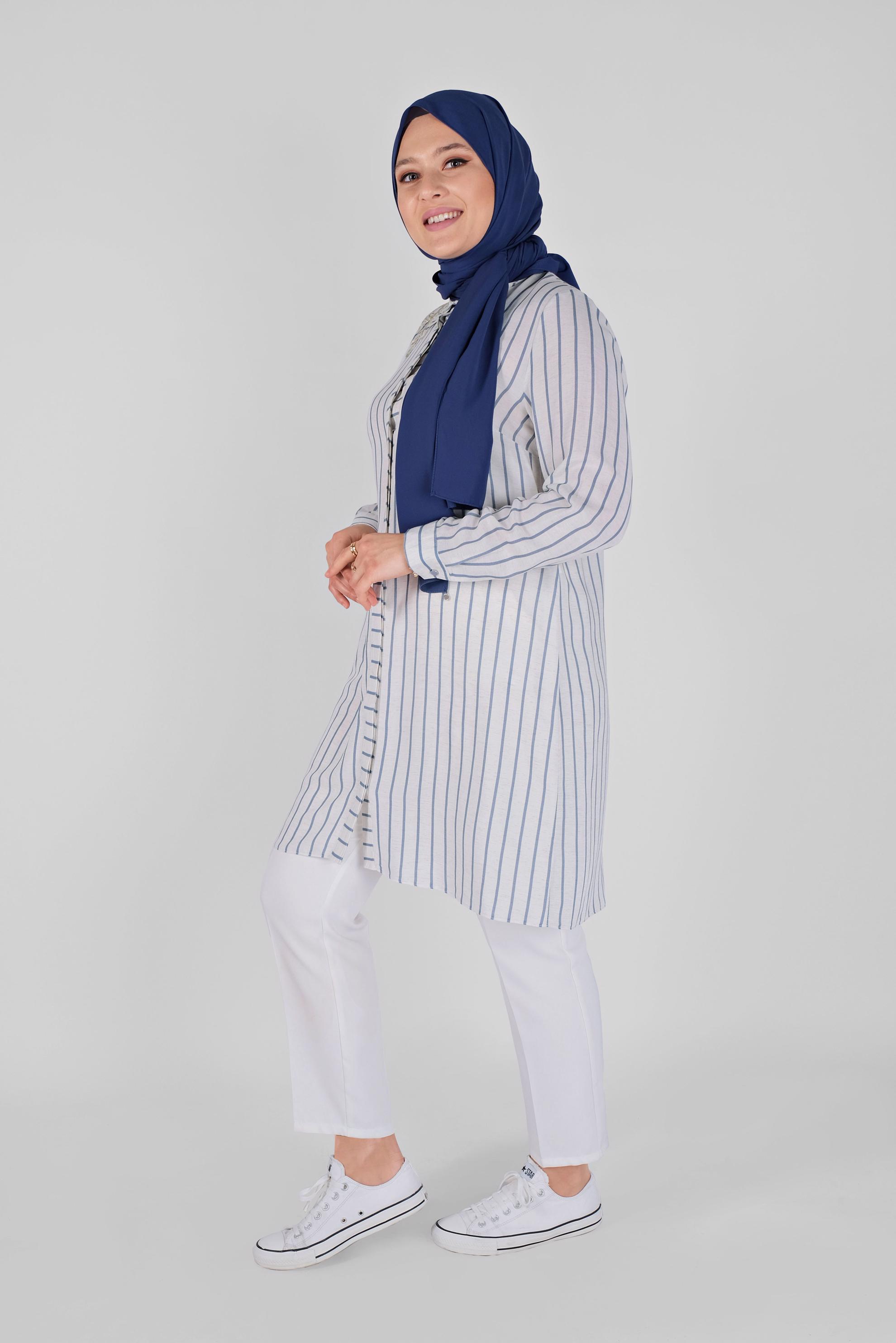 Hijab clothing NAVY BLUE STRIPED EMBROIDERED TUNIC 40702