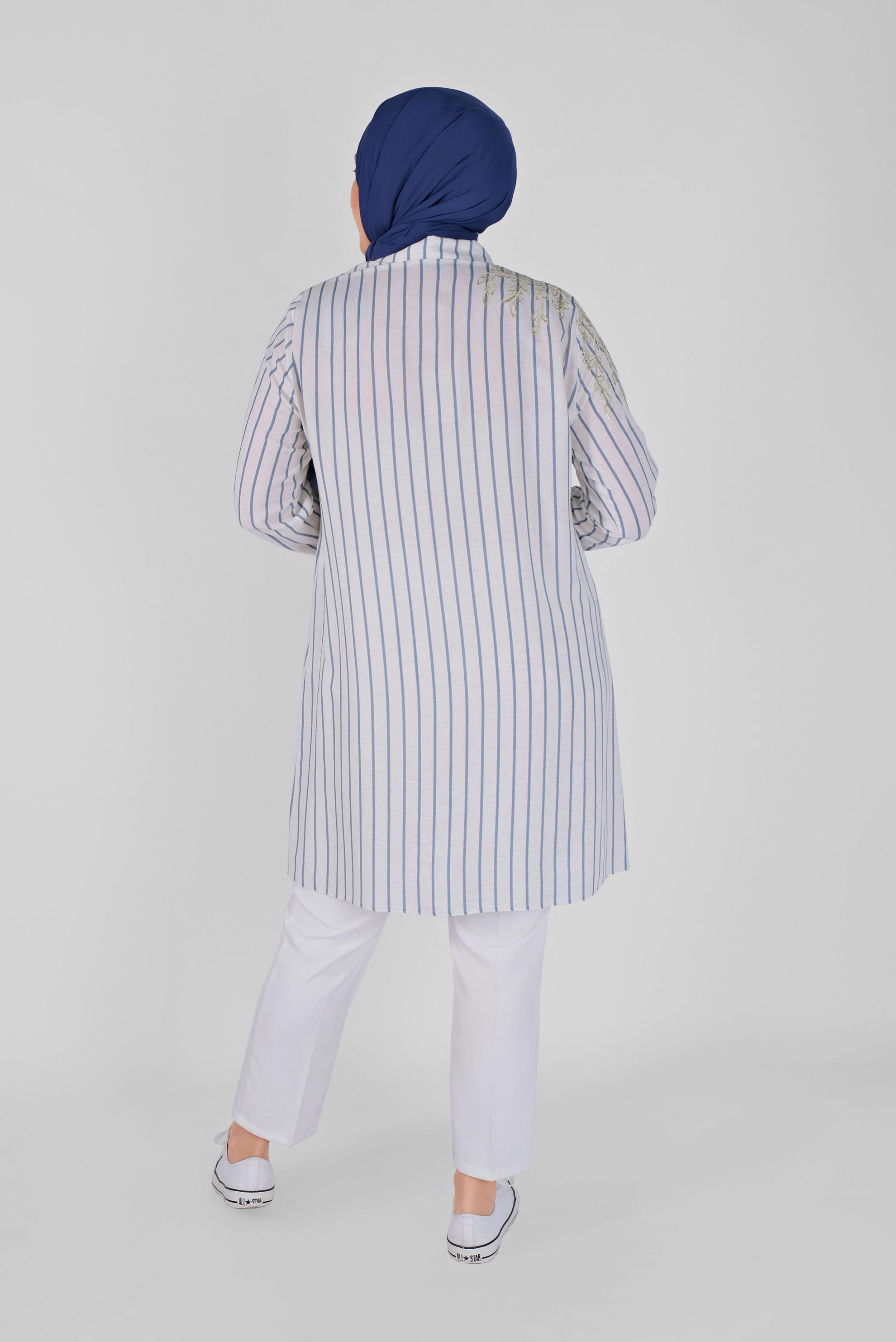 Hijab clothing NAVY BLUE STRIPED EMBROIDERED TUNIC 40702