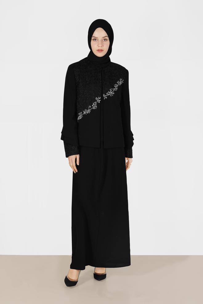 Tesettür giyim SİYAH İŞLEMELİ SİMLİ ÜÇLÜ ETEKLİ TAKIM 30023  - ALVİNA