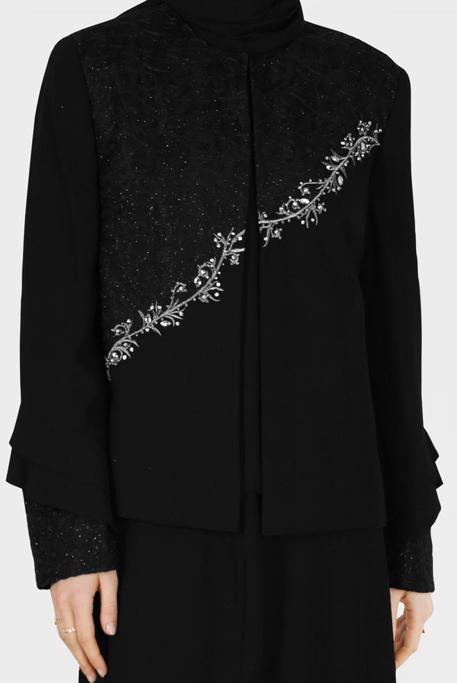 Tesettür giyim SİYAH İŞLEMELİ SİMLİ ÜÇLÜ ETEKLİ TAKIM 30023  - ALVİNA