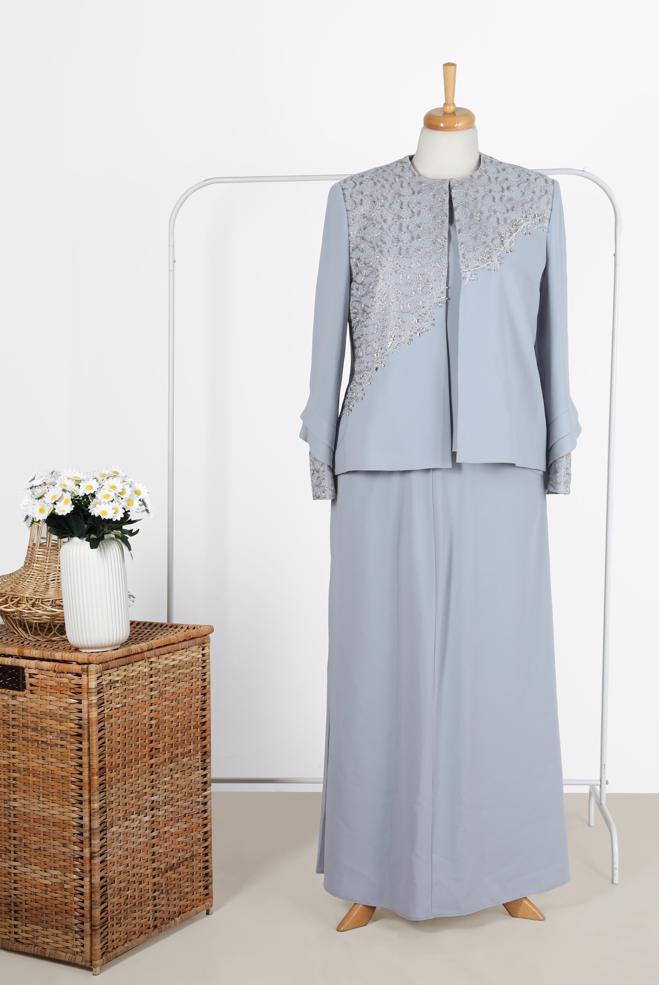 Tesettür giyim GÜMÜŞ İŞLEMELİ SİMLİ ÜÇLÜ ETEKLİ TAKIM 30023  - ALVİNA