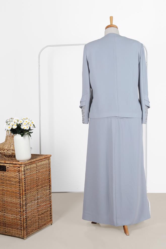 Tesettür giyim GÜMÜŞ İŞLEMELİ SİMLİ ÜÇLÜ ETEKLİ TAKIM 30023  - ALVİNA