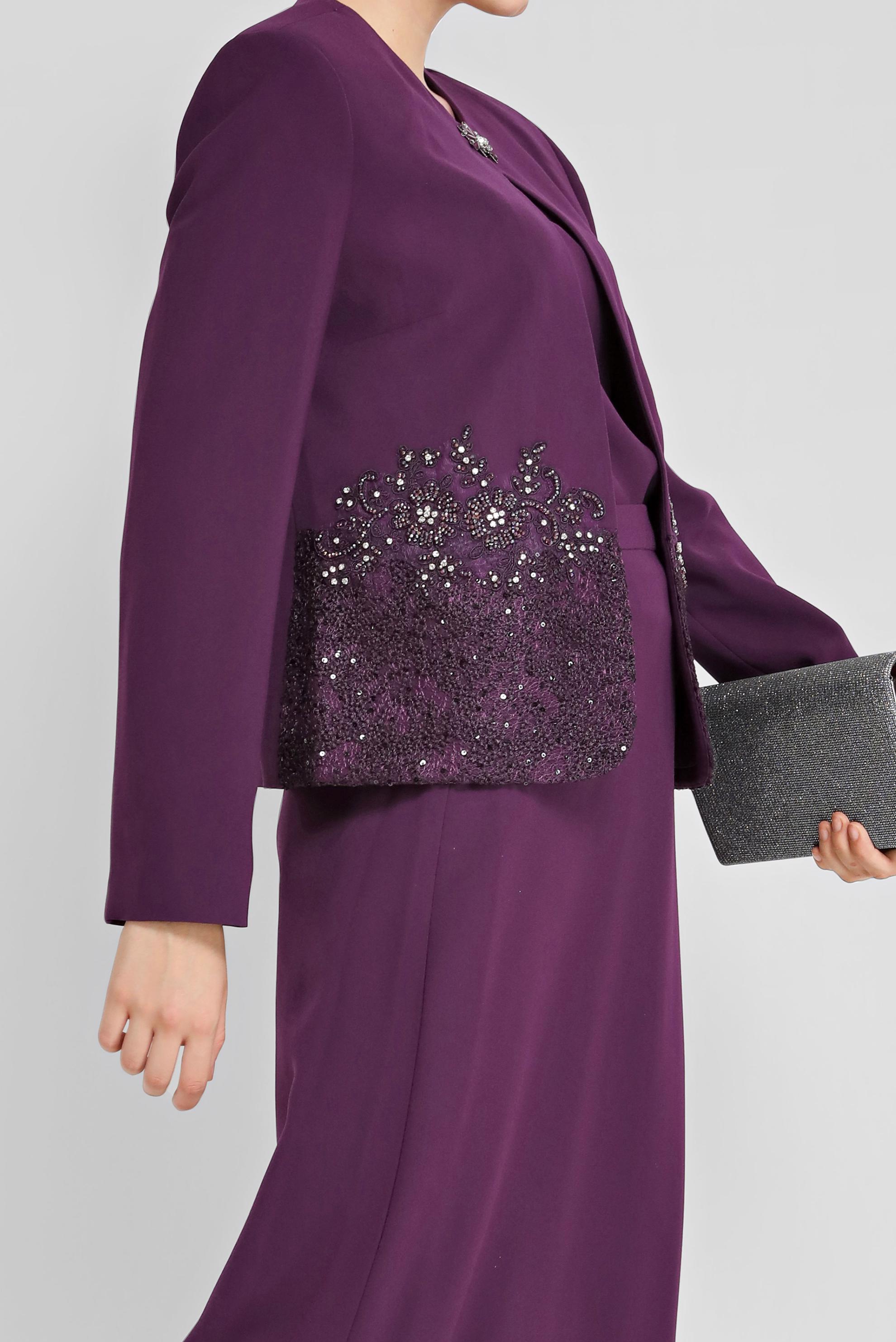 Tesettür giyim MÜRDÜM NAKIŞLI TAŞ İŞLEMELİ ÜÇLÜ ETEKLİ TAKIM 30029