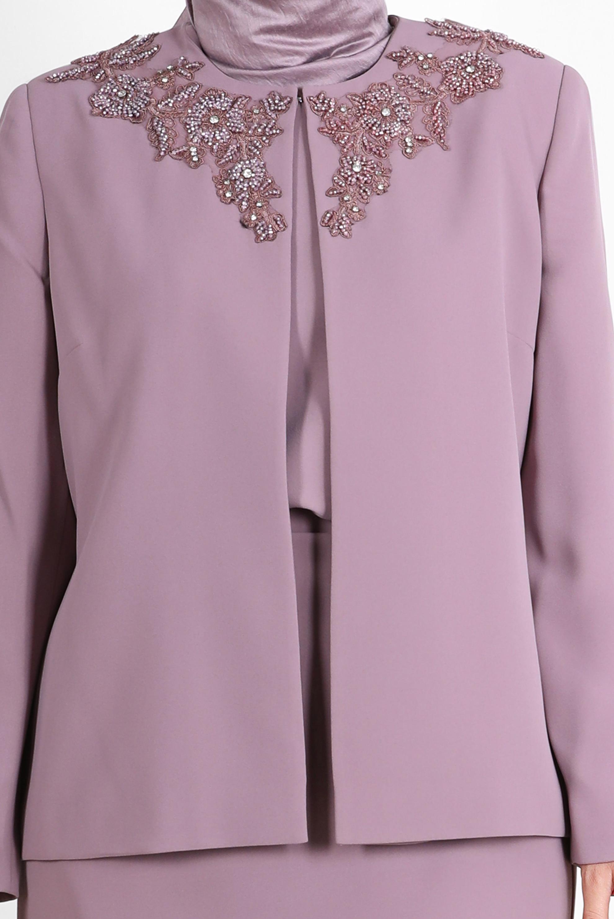 Tesettür giyim PEMBE TAŞLI NAKIŞLI ÜÇLÜ ETEKLİ TAKIM 30032