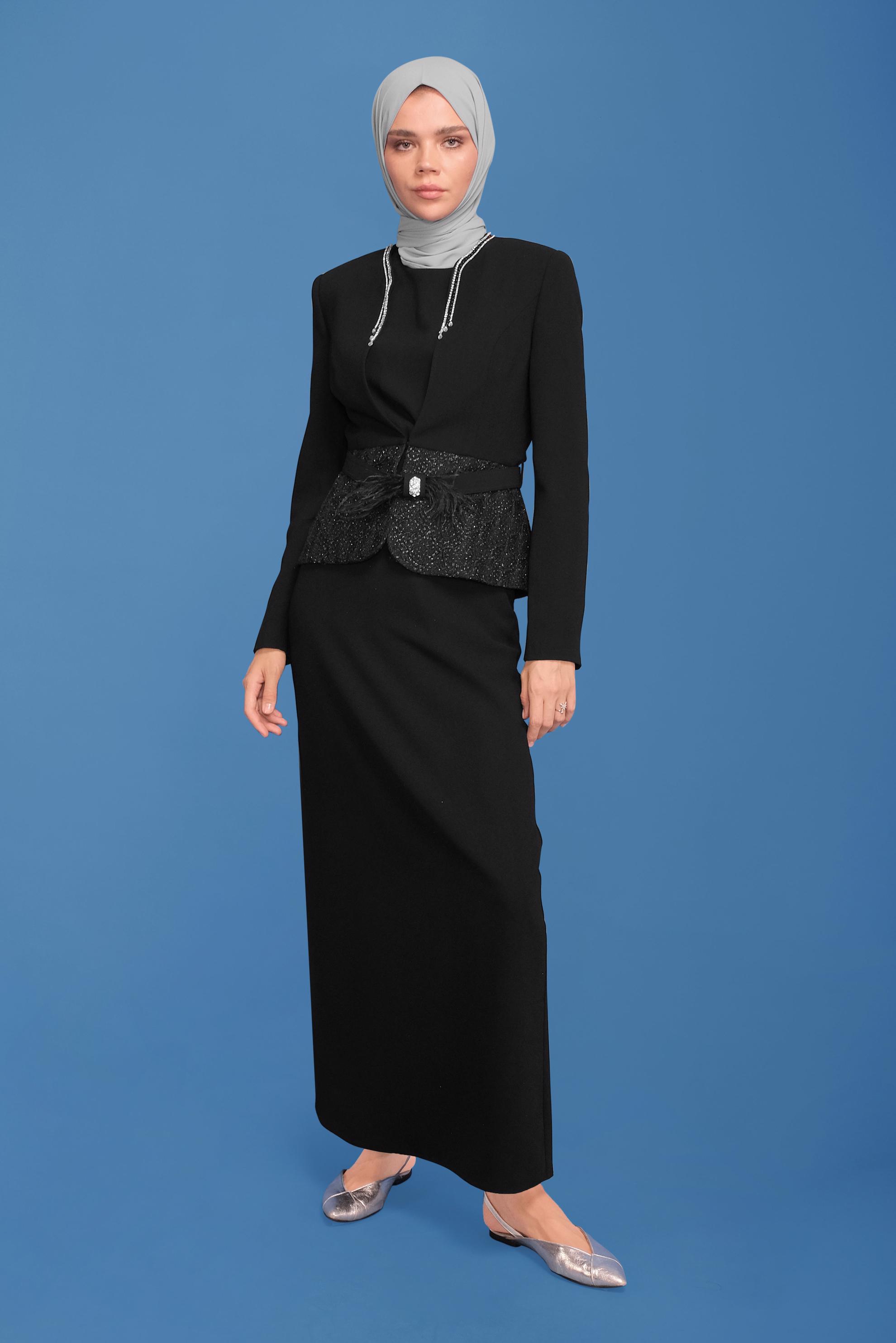 Vêtements hijab NOIR COSTUME JUPE 3 PIÈCES AVEC CEINTURE GUIPUÉE 30043