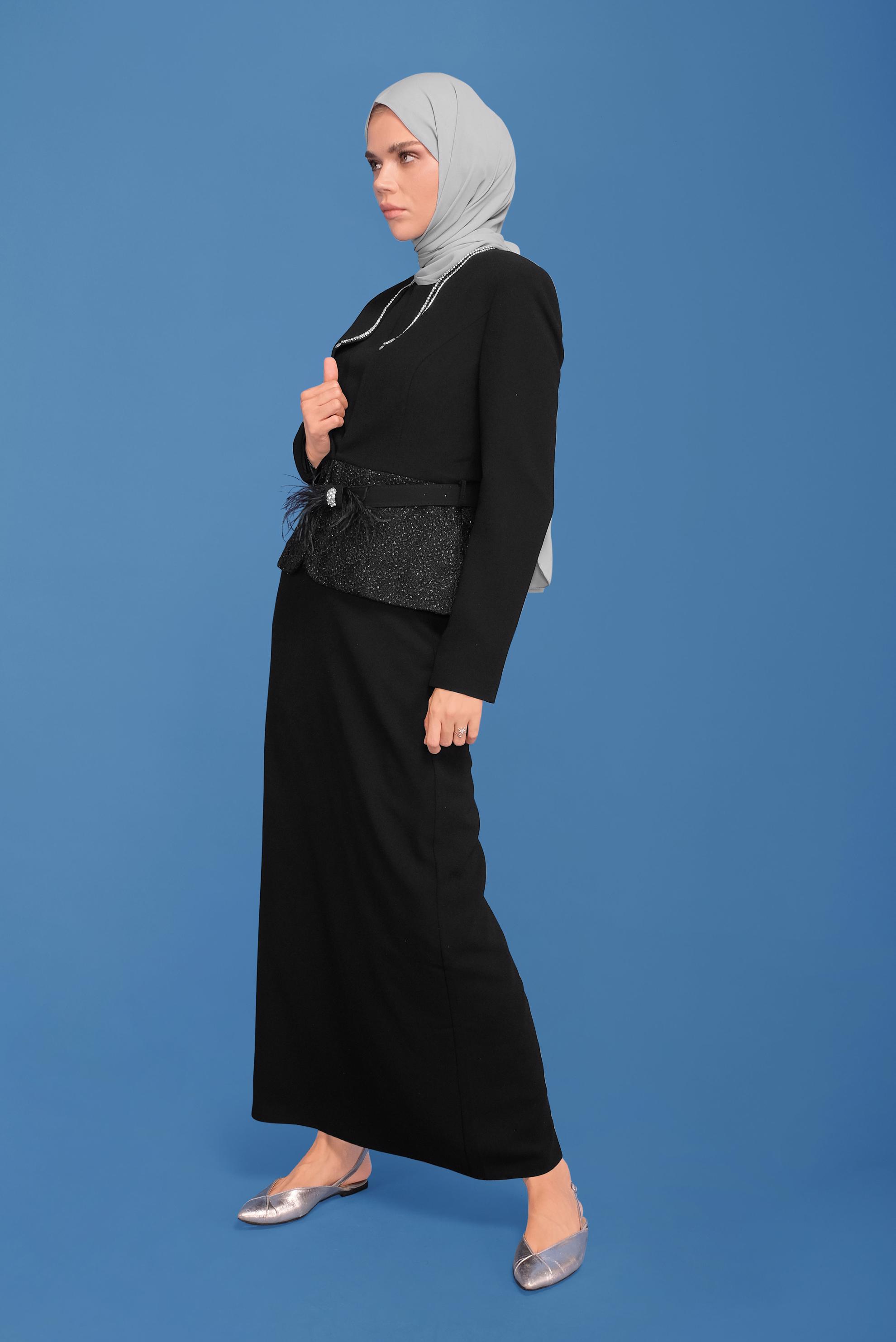 Vêtements hijab NOIR COSTUME JUPE 3 PIÈCES AVEC CEINTURE GUIPUÉE 30043