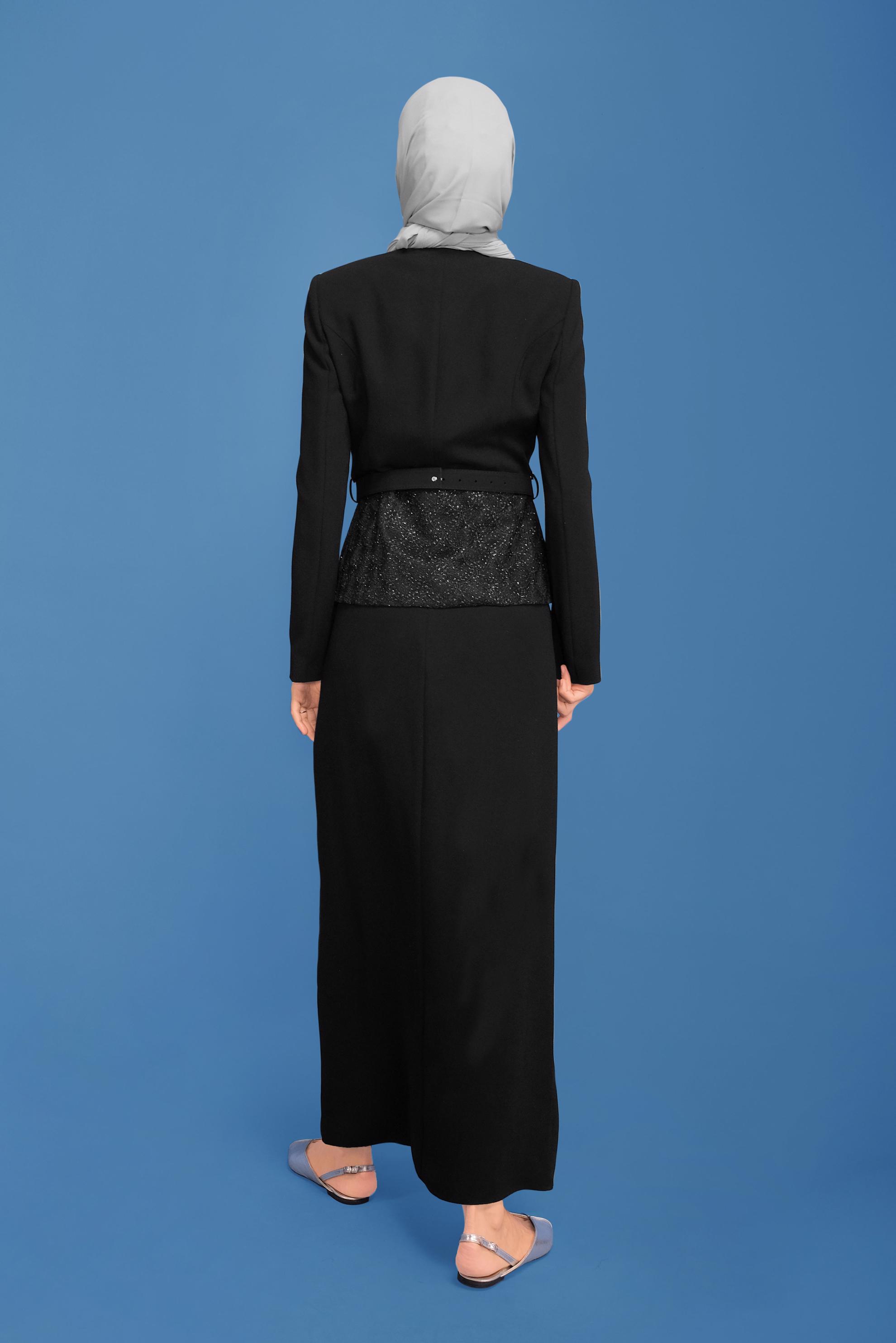 Vêtements hijab NOIR COSTUME JUPE 3 PIÈCES AVEC CEINTURE GUIPUÉE 30043