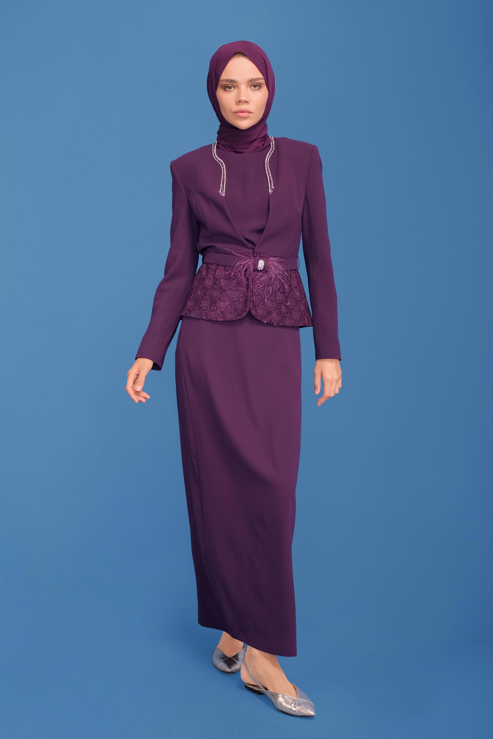 Vêtements hijab POURPRE COSTUME JUPE 3 PIÈCES AVEC CEINTURE GUIPUÉE 30043