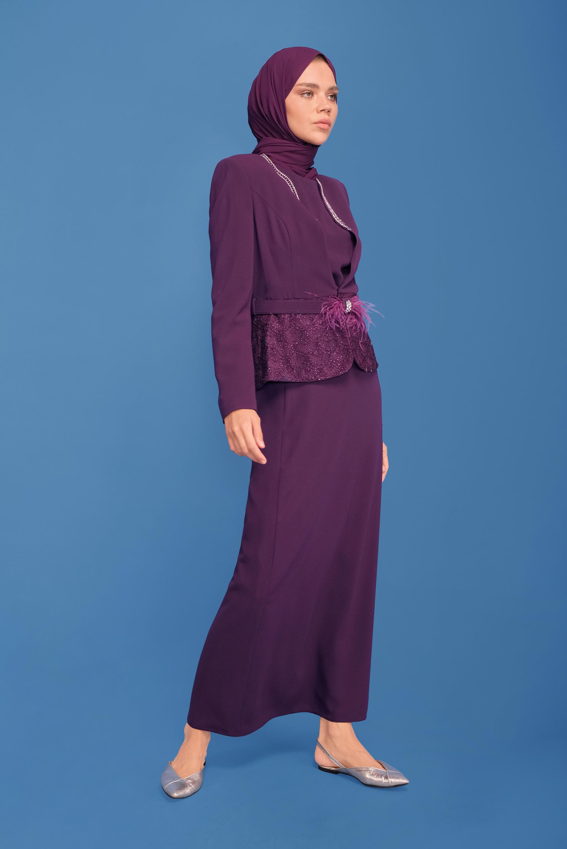 Vêtements hijab POURPRE COSTUME JUPE 3 PIÈCES AVEC CEINTURE GUIPUÉE 30043